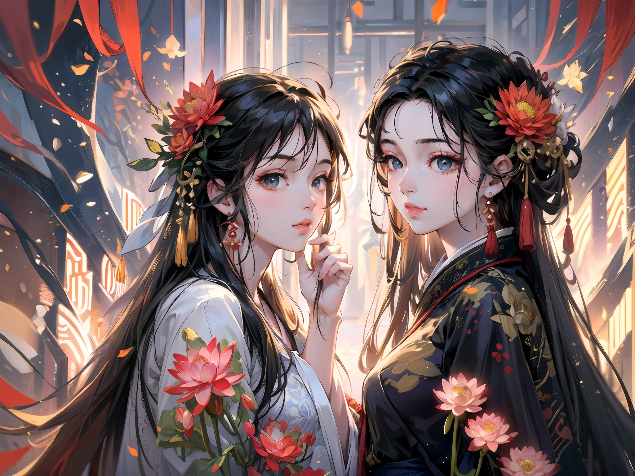 zanhua, Best quality, masterpiece, 2girls, holding flower, red flower on head, wearing hanfu, in red and white, looking at viewer, flower, black hair, ((lotus)), solo, hair ornament, water, reflection, daylight, cinematic light,