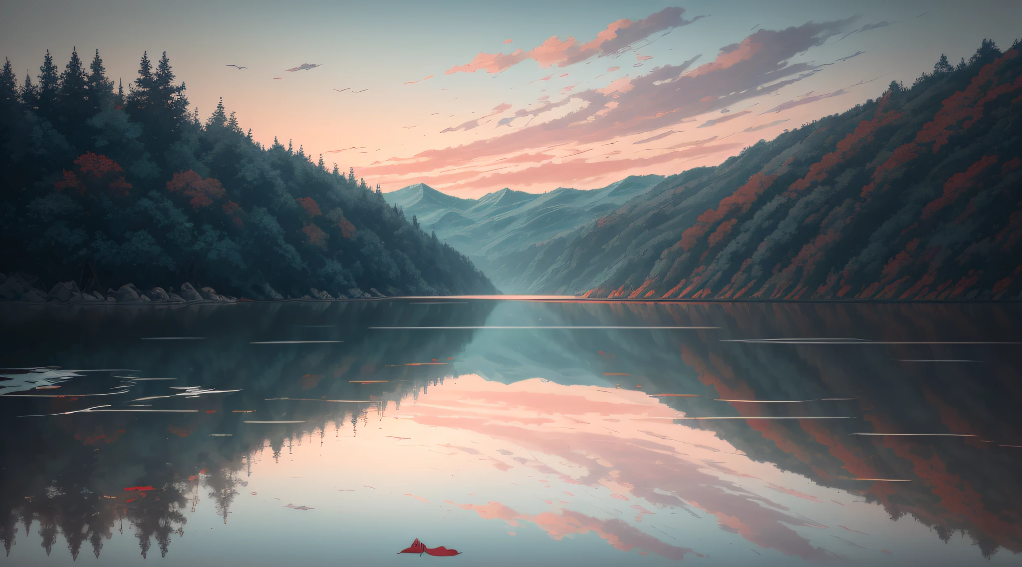 I can't remember the feeling of the beginning
The landscape painting depicted is a devil that deceives angels
Eventually, even the hot heartbeat and lies will end
Counting on my fingers, the last time of freedom
Baring my teeth and howling, just flowing people
The abyss reflected in the water surface
Because it sways and disappears with withered leaves
Because it fades in the waves
Is there a nostalgic memory at the destination led to?
The scars that can boast of time
Blossom vividly and unhealed in red
In the same time, blooming vividly, 
abstract landscape,
(best quality:1.3), (highres:1),