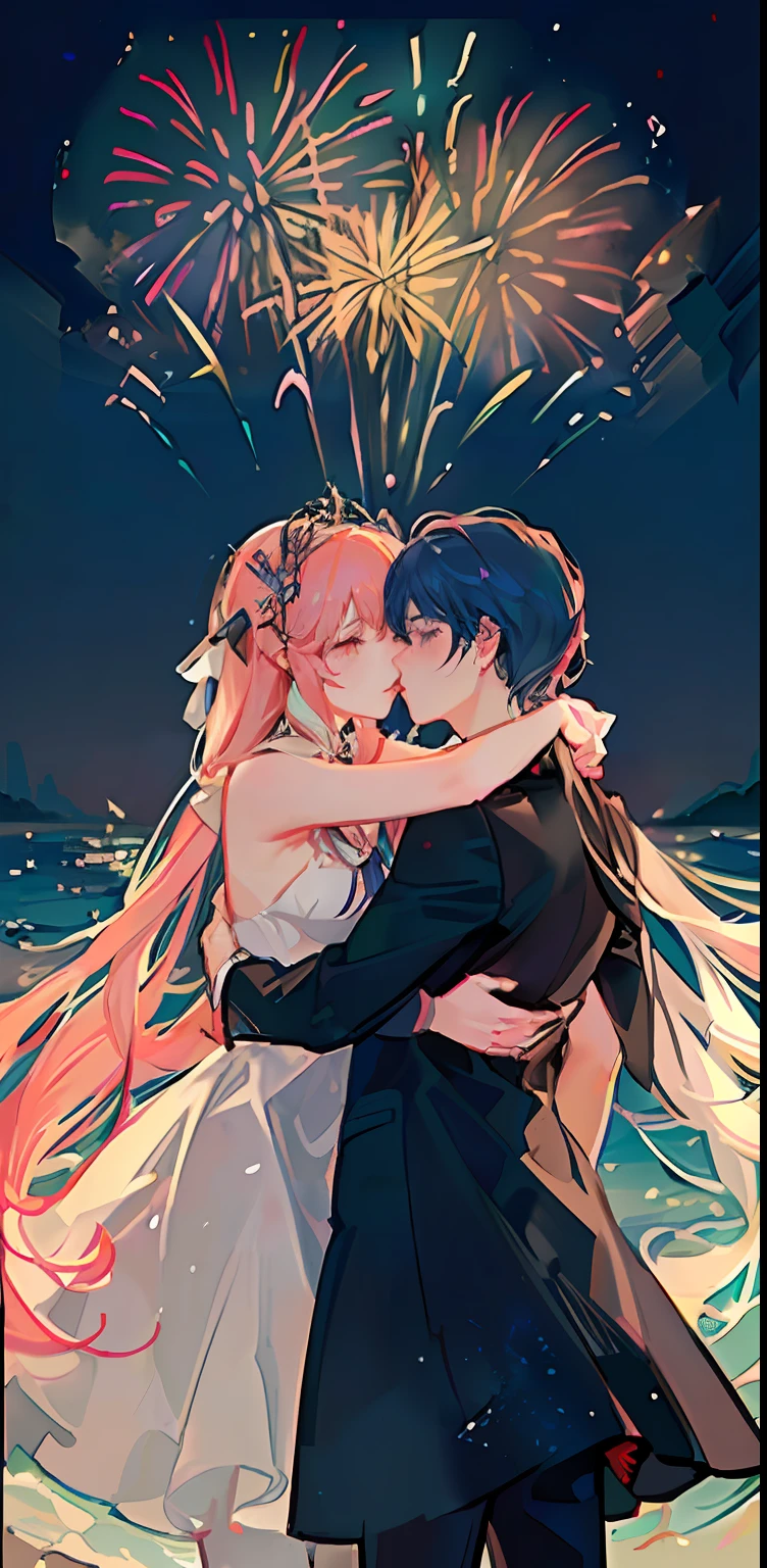 The background is a fireworks castle, two-dimensional style, white gauze princess dress girl and handsome guy hugging and kissing, ribbons, pink light bars