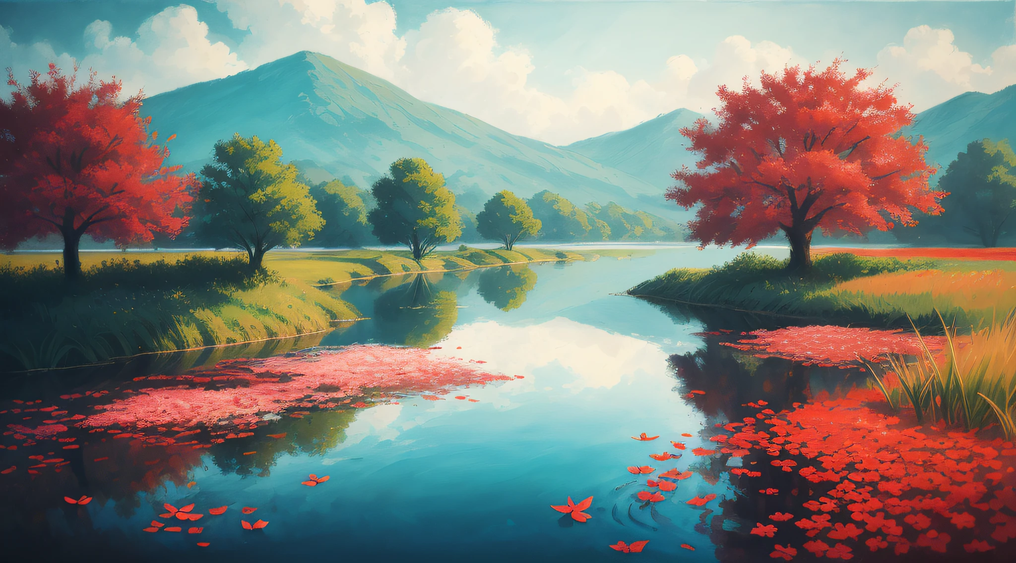 I can't remember the feeling of the beginning
The landscape painting depicted is a devil that deceives angels
Eventually, even the hot heartbeat and lies will end
Counting on my fingers, the last time of freedom
Baring my teeth and howling, just flowing people
The abyss reflected in the water surface
Because it sways and disappears with withered leaves
Because it fades in the waves
Is there a nostalgic memory at the destination led to?
The scars that can boast of time
Blossom vividly and unhealed in red
In the same time, blooming vividly,
abstract landscape,
(best quality:1.3), (highres:1),