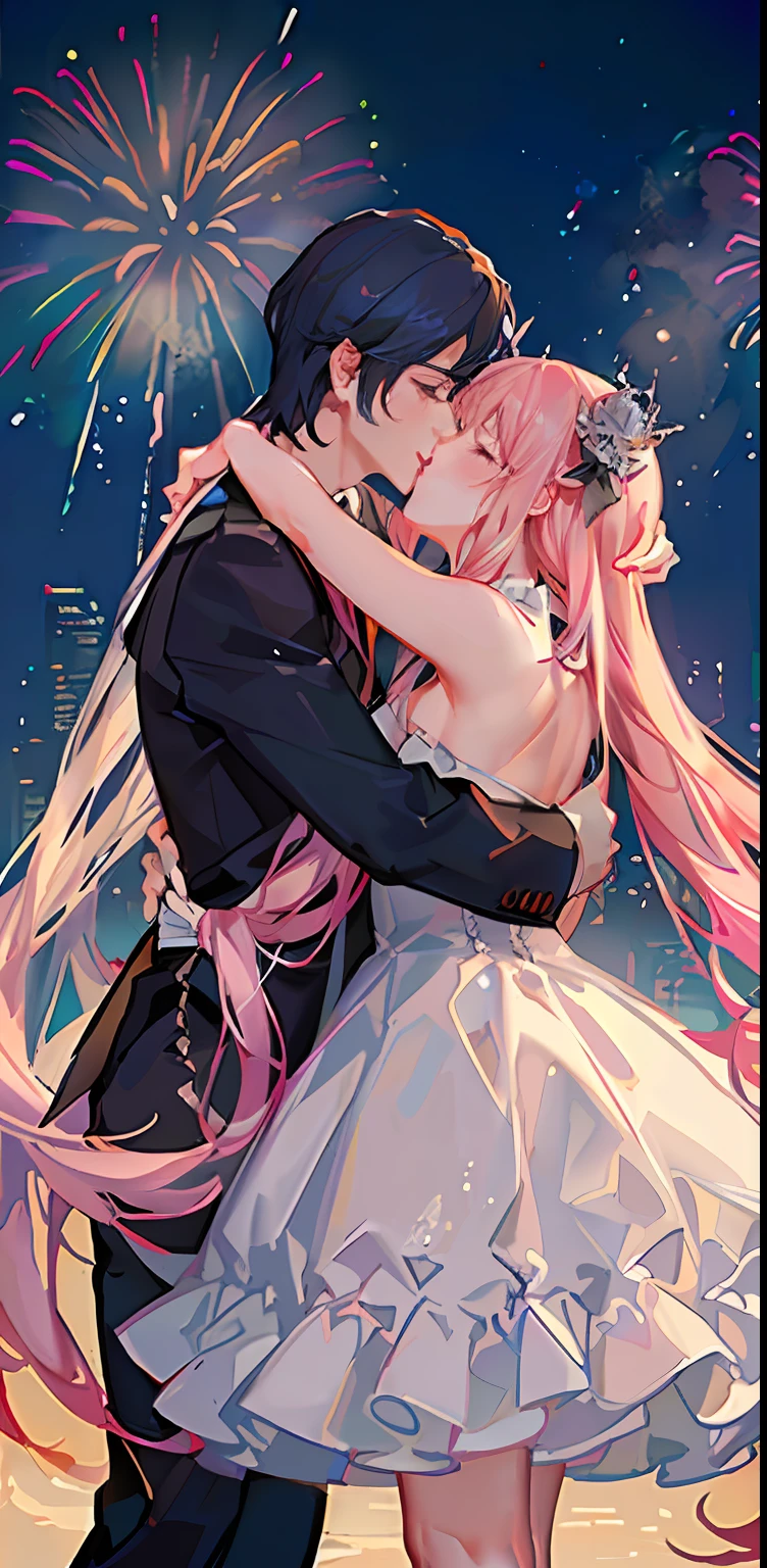 The background is a fireworks castle, two-dimensional style, white gauze princess dress girl and handsome guy hugging and kissing, ribbons, pink light bars