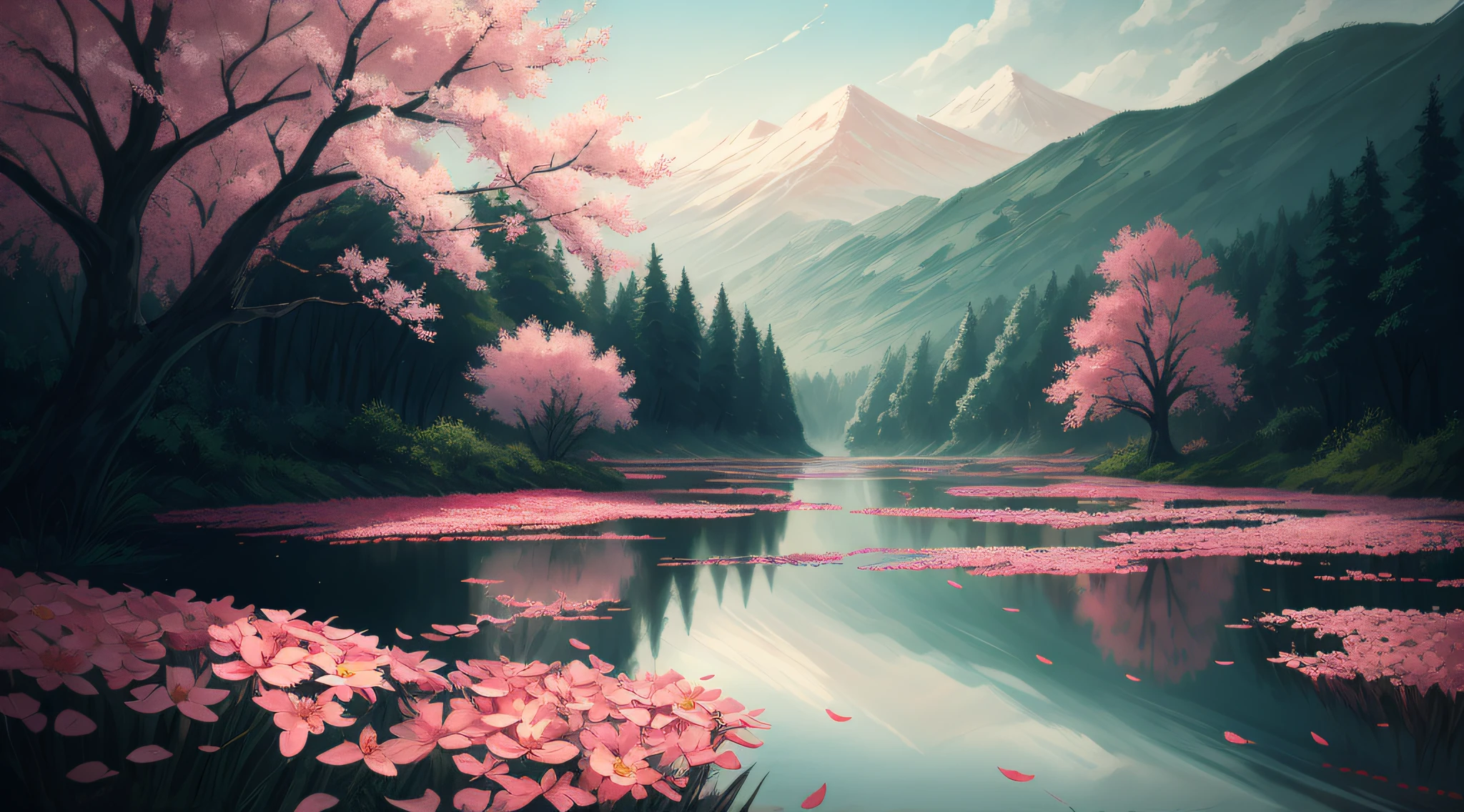 I can't remember the feeling of the beginning
The landscape painting depicted is a devil that deceives angels
Eventually, even the hot heartbeat and lies will end
Counting on my fingers, the last time of freedom
Baring my teeth and howling, just flowing people
The abyss reflected in the water surface
Because it sways and disappears with withered leaves
Because it fades in the waves
Is there a nostalgic memory at the destination led to?
The scars that can boast of time
Blossom vividly and unhealed in red
In the same time, blooming vividly,
abstract landscape,
(best quality:1.3), (highres:1),