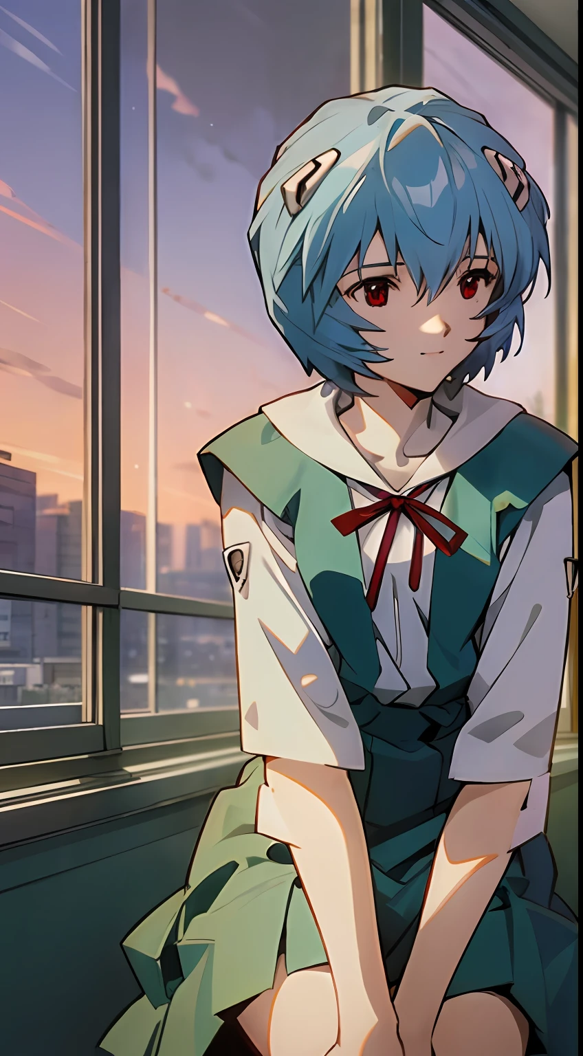 1 girl, Ayanami, Evangelion, 8K, best quality, school uniform, classroom, gentle smile, sitting in chair, looking out the window, dusk light, more details