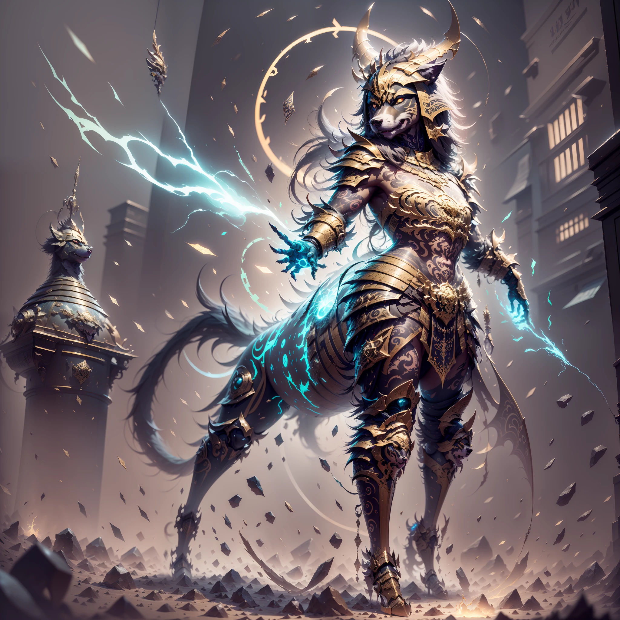 (((Light Painting))), Color, Optics, ((((Ray Emission))): Anti-aliasing: 5D, Evil, Optics, Full Body View, Background, 1 Dog Girl, (Tattoo All), Golden Armor,