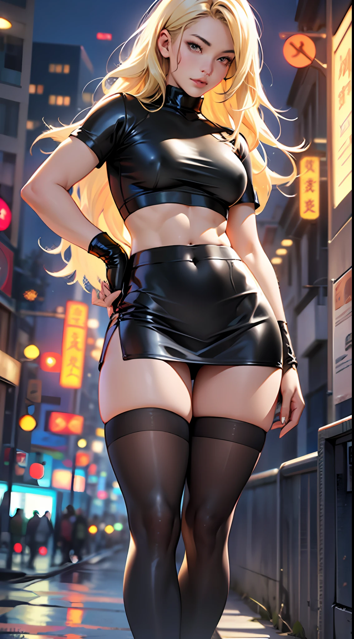 ((Realistic Lighting, Best Quality, 8K, Masterpiece: 1.3)), Focus: 1.2, 1girl, Perfectly shaped Chinese beauty: 1.4, Fine abs: 1.1, ((blonde hair)), (Black latex T-shirt: 1.4), (Outdoor, Night: 1.1), City streets, Super thin face, Thin eyes, Double eyelids, Latex miniskirt, (Black socks over the knee: 1.5) --auto --s2