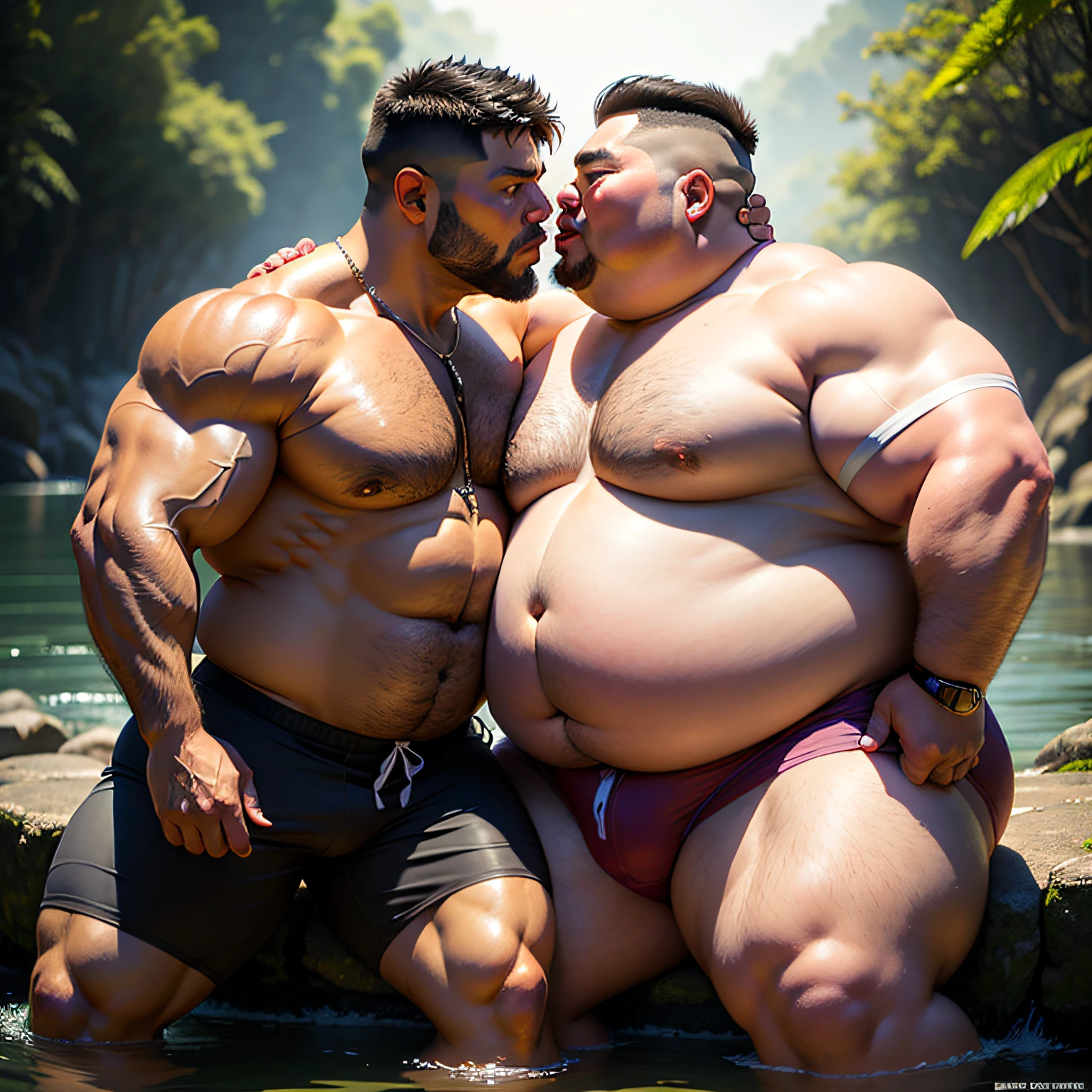 Fat man sitting in the water, big belly, athletic, ridiculously large physique, ridiculously large belly, muscular, muscular, attractive strong man, robust chunky body, big belly, exaggerated big physique, strong fat Dionysian body, big muscles, very beautiful. Big muscles, fat torn Satan creatures, huge muscles, huge muscles, obesity, thick hands and feet, homosexual, Asian face, middle-aged man, ridiculously fat, morbidly obese, ultra-low waist panties, erotic panties, ultra-exposed panties, bright crotch, bald head, shot from the side, firm buttocks, ridiculously large crotch, background is a small river deep in the jungle, the river is clear and low, ridiculously bulging crotch, two equally fat men kissing their mouths, tongue kissing, two equally fat men stroking each other