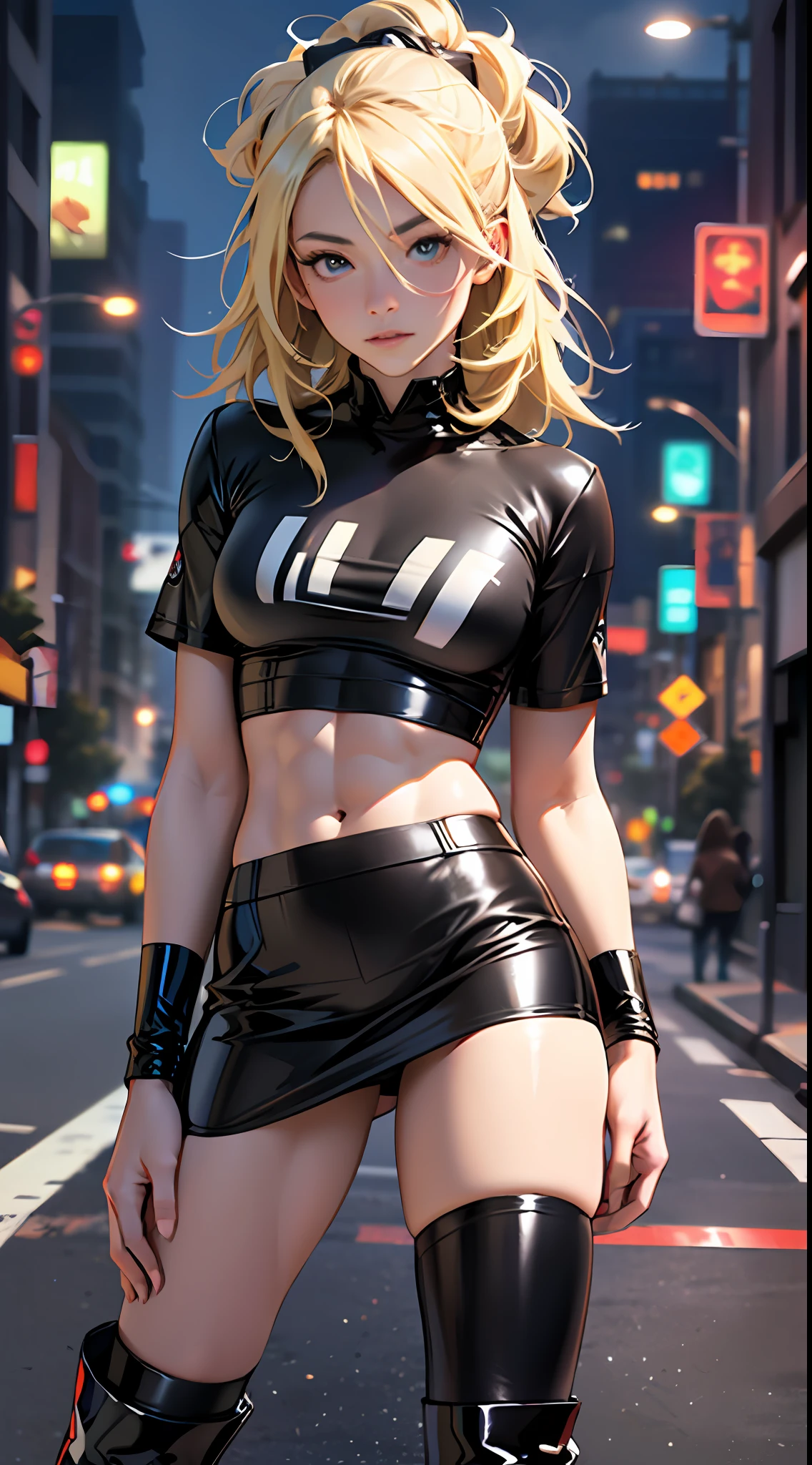 ((Realistic Lighting, Best Quality, 8K, Masterpiece: 1.3)), Focus: 1.2, 1girl, Perfectly shaped Chinese beauty: 1.4, Fine abs: 1.1, ((blonde hair)), (Black latex T-shirt: 1.4), (Outdoor, Night: 1.1), City streets, Super thin face, Thin eyes, Double eyelids, Latex miniskirt, (Black socks over the knee: 1.5) --auto --s2