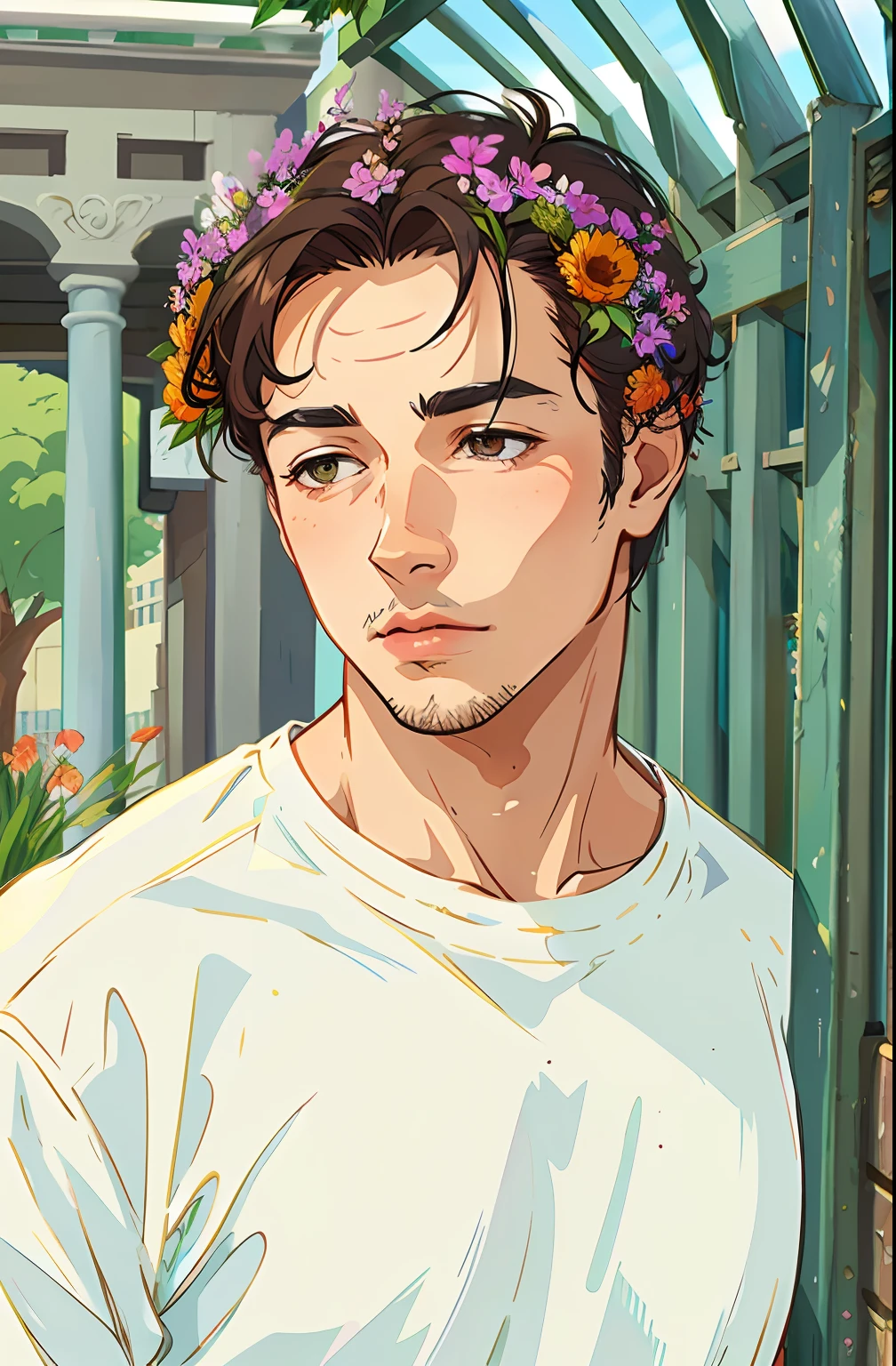 HD, (Best Details) (Best Quality), (Illustration), (((Flowers))), ((Hair Decorating Flowers)))), ((Surrounded by Flowers))), Garden, Flowers and Plant Background, Butterfly, Young, There is a man standing by the fence holding a mobile phone