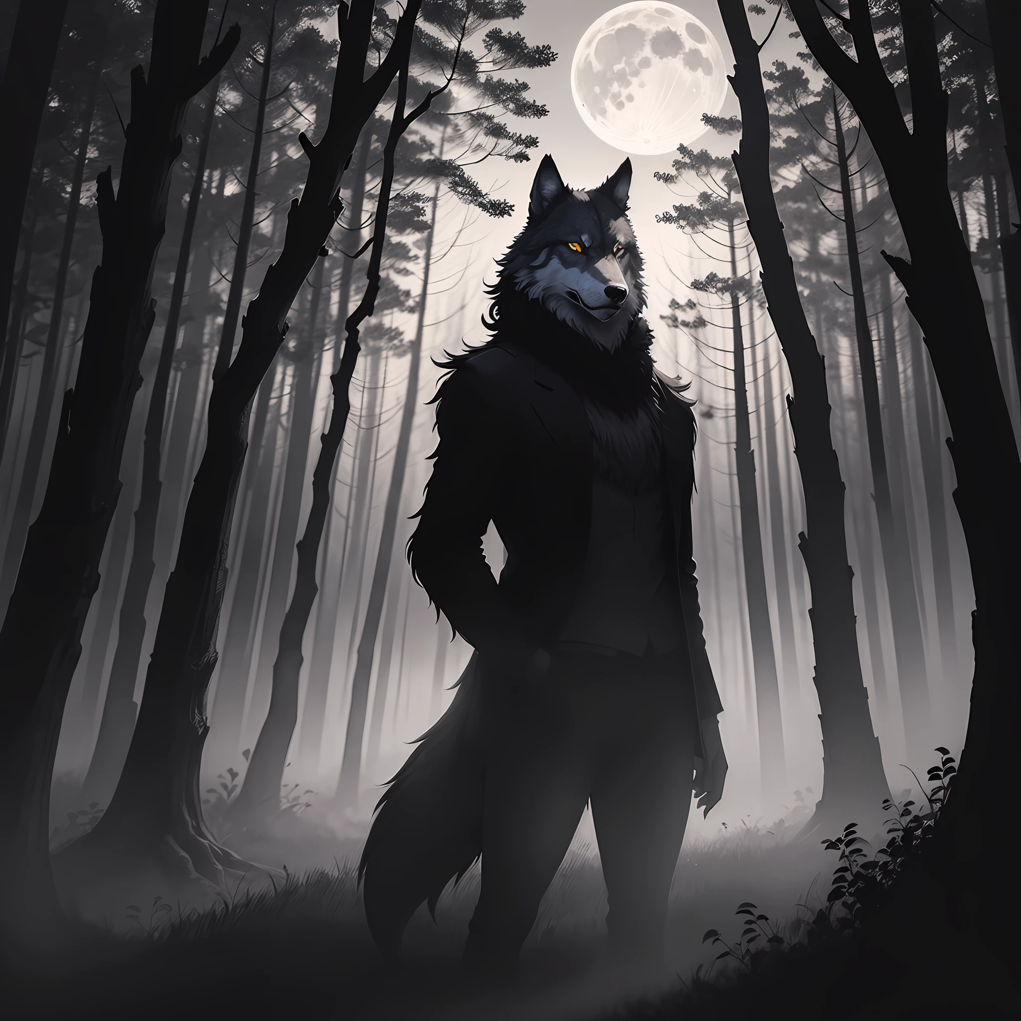 Charcoal drawing, a lone wolf, in a moonlit forest, silhouette shot, dramatic. --auto