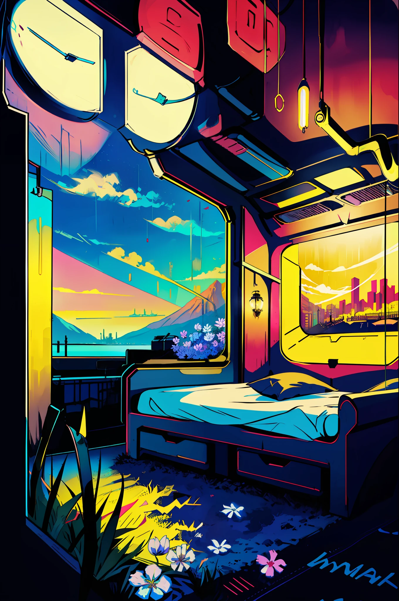 masterpiece, high quality, train, train compartment, exquisite interior, window view, bridge, sea, mountains, sunset, city, neon light, night, bed, sofa, pillows, sconces, flowers, hemp, smoking marijuana