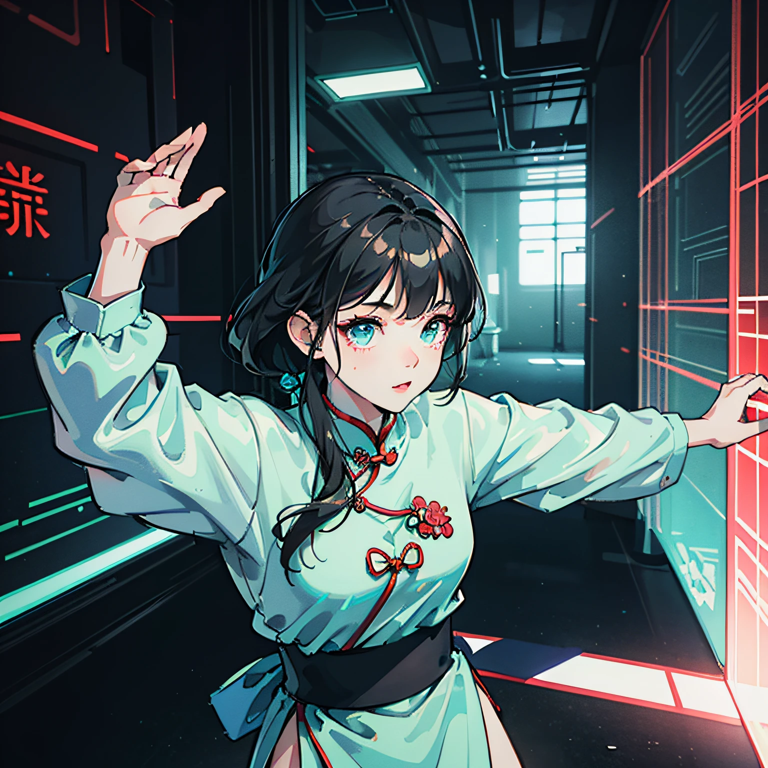 Chinese young girl, 3D three-dimensional face, delicate facial features, fair skin, black hair, kung fu master, martial arts girl, white and cyan gradient Hanfu, cheongsam, Chinese style elements, holding a sword, front view, good perspective, holographic light and shadow, fluorescence, rich background, cyberpunk, rich special effects, extremely high picture quality, futuristic, sci-fi, realistic details, and its fine details, 3D rendering, Unreal Engine --auto