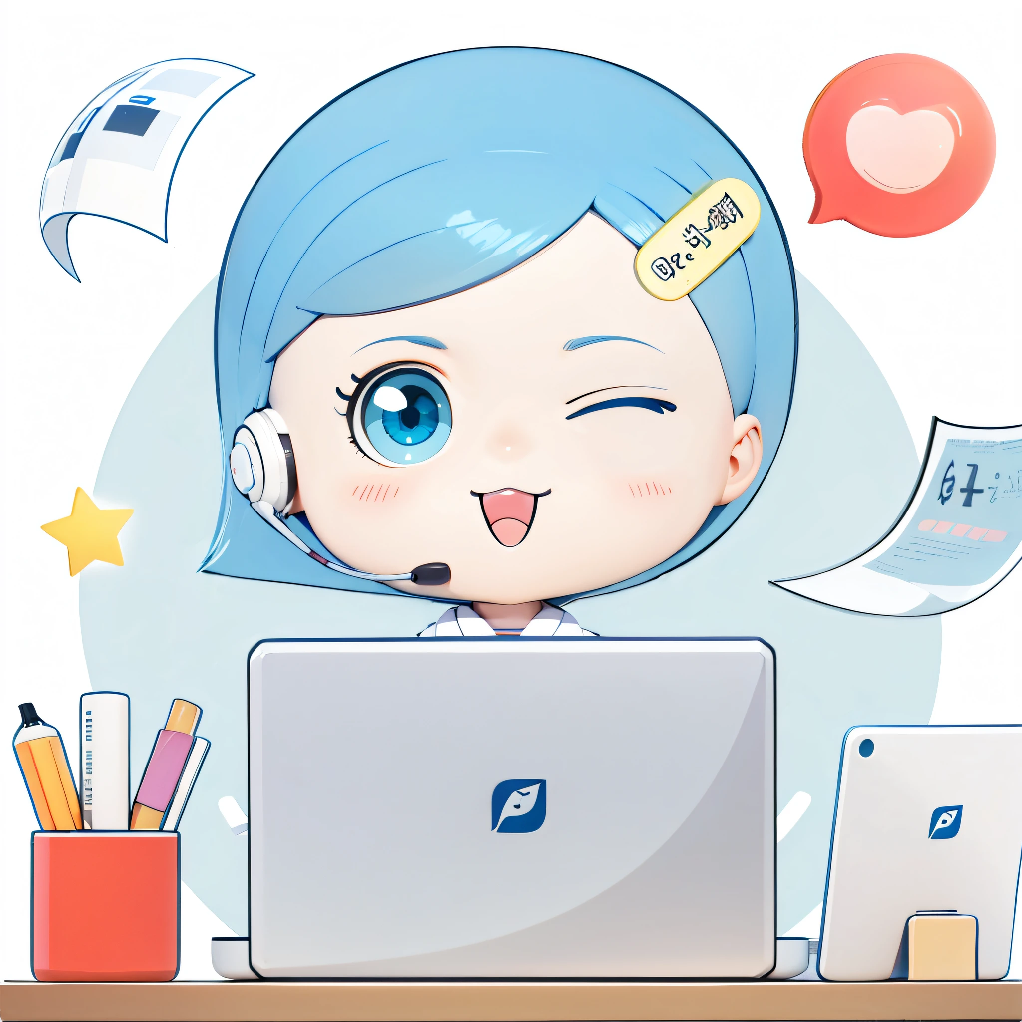 A girl, cute squinting smile, cute cartoon girl sitting at desk with headphones, interacting with laptop, blue eyes, blue hair, short hair, no headdress, white doctor white coat clothes, (beautiful detail eyes), (beautiful detail face), (Clean background: 1.1), bright, background, Disney style, fine gloss, fantastic, cute, pop martin LP, high detail, super high quality, bright colors, model blind box toy, 3d rendering, OC rendering, c4d, best quality, 8k, bright, front light, face shot, fine light, super detox, (all bodies: 1.3) --auto --s2