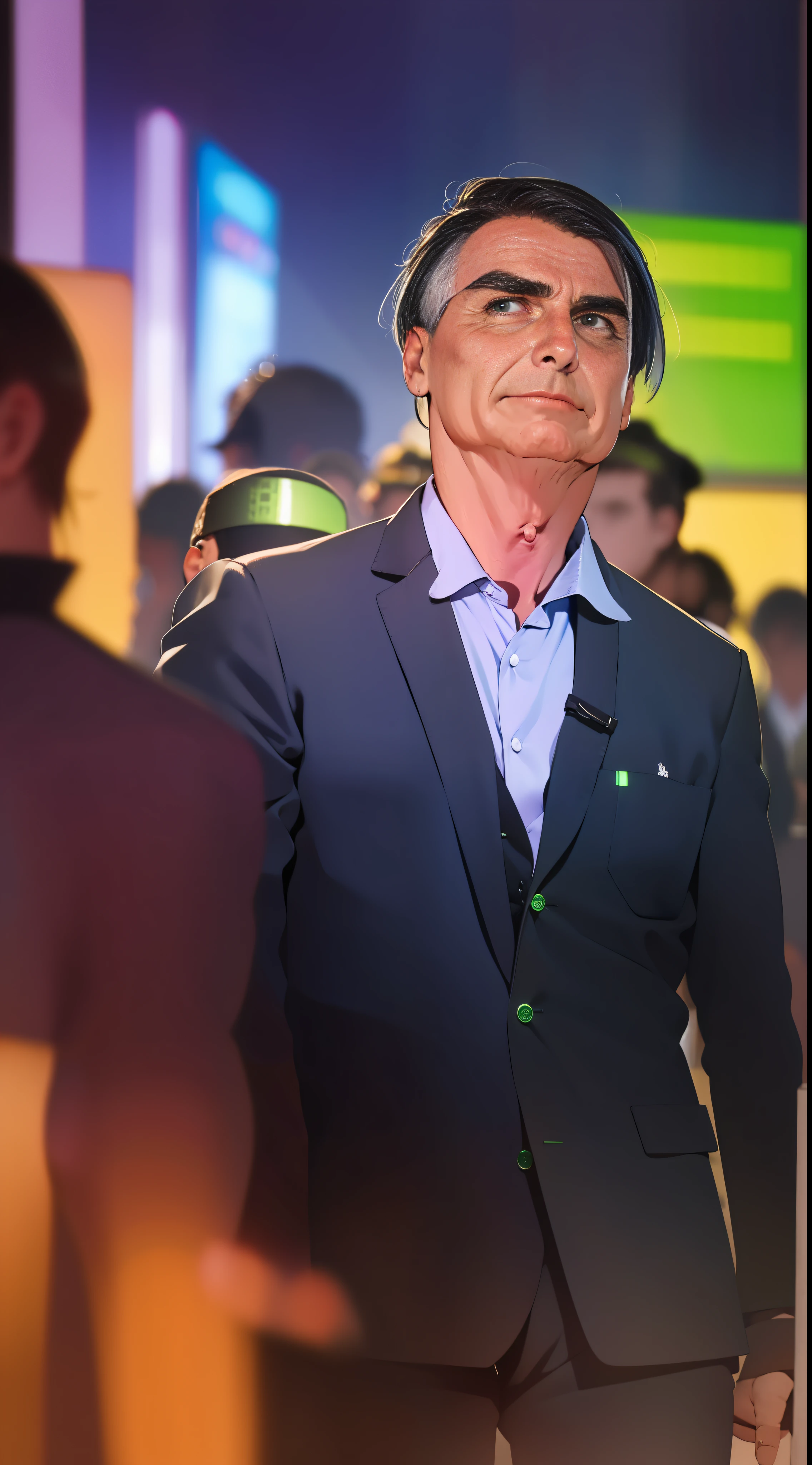 Jair Messias Bolsonaro cyberpunk, UHD, Ultra detailed, realistic, 50mm, nikon, Cyberpunk, Using neon cyberpunk clothes, clothes of the future, cyber punk city, neon cyberpunk city, Jair messiah Bolsonaro, Bolsonaro, Bolsomito, neon clothes, neon city, 35mm, nikkor