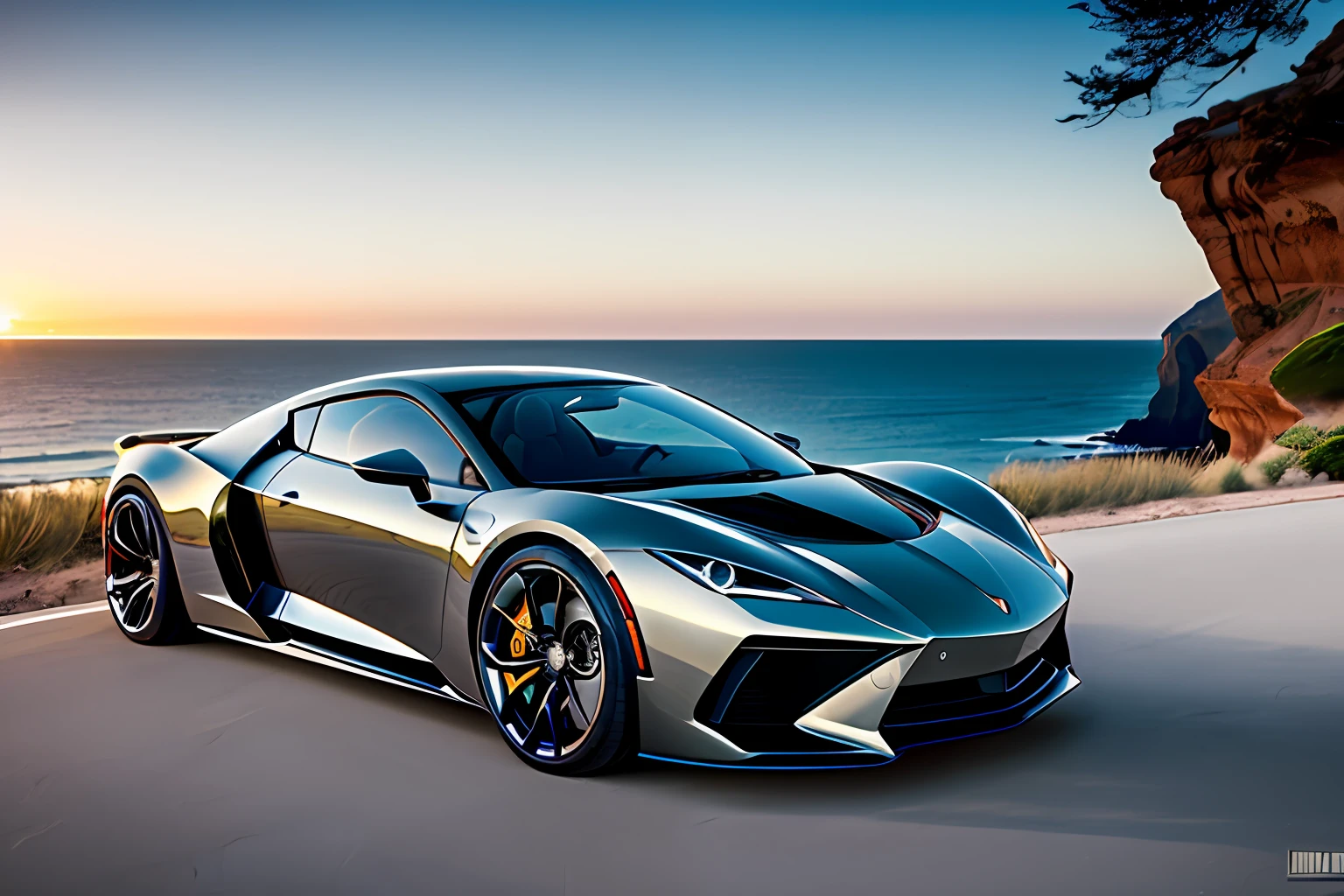 Escalibur Phantom, aggressive body design, sports car, Beautiful sunset. The sleek car was parked on the edge of a cliff overlooking the vast ocean. The metal body of the car glittered in the bright sun, reflecting the colors of the surrounding landscape. The car's long, curved lines gave it elegance and sophistication, while chrome accents added a touch of modernity. --AR 3:2