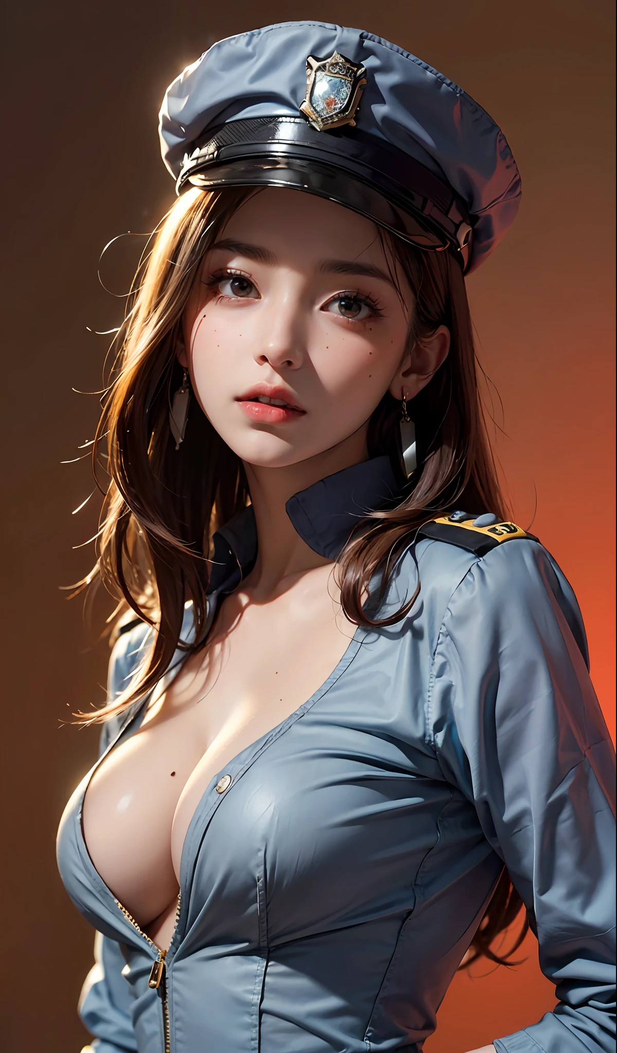 Simple background, (wearing a policewoman uniform and cap: 1.4), good hands, 4k, high resolution, masterpiece, best quality, head: 1.3, ((Hasselblad photography)), fine skin, clear focus, (cinematic lighting), soft lighting, dynamic angle, [:( detailed face: 1.2): 0.2], medium breasts, breasts, (((inside the mansion))), (chest exposed: 1.1), 1 girl, jewelry, earrings, orange_sky, solo, mole, long_hair, mole_under_eye, upper_body, grey_eyes, looking_at_viewer,, Brunet, Fashion, (head tilt: 1.4), Simple background, Red background,