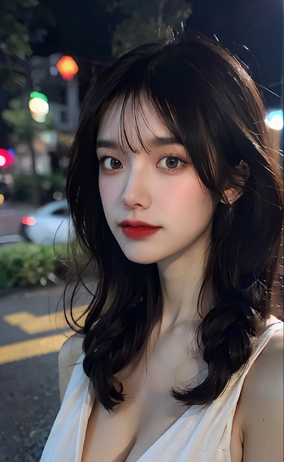 mix4, (8k, RAW photo, best quality, masterpiece: 1.45), (realistic, photorealistic: 1.37), one girl, cute, cityscape, night, rain, wet, professional lighting, photons mapping, radiosity, physically based rendering, gradient black hair, gray hair, short curly hair, handsome, girl, loose black lace(((Deep V-neckline)))slip dress, top quality photo, high res, 1080p, (clear face), (detailed face description), (detailed hand description), (masterpiece), (exquisite CG), extreme light and shadow, disheveled hair, master work, rich details, (fine facial features), (highest quality photo), (masterpiece), (detailed eyes), look in front of you eyes, fine clavicle, ((big breasts, huge areola)),(((areola_slip))),((puffy areolae)),((sideboob)),(underboob),(((collar))),earrings,cleavage,(NSFW:1.2)