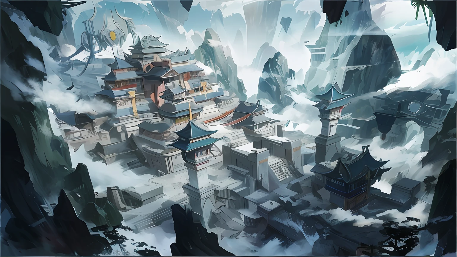 there is a painting of a building in the middle of a mountain, mountain fortress city, g liulian art style, anime scenery concept art, ancient city of white stone, 2. 5 d cgi anime fantasy artwork, anime epic artwork, high quality concept art, high quality digital concept art, cyberpunk chinese ancient castle, traditional japanese concept art, anime fantasy artwork