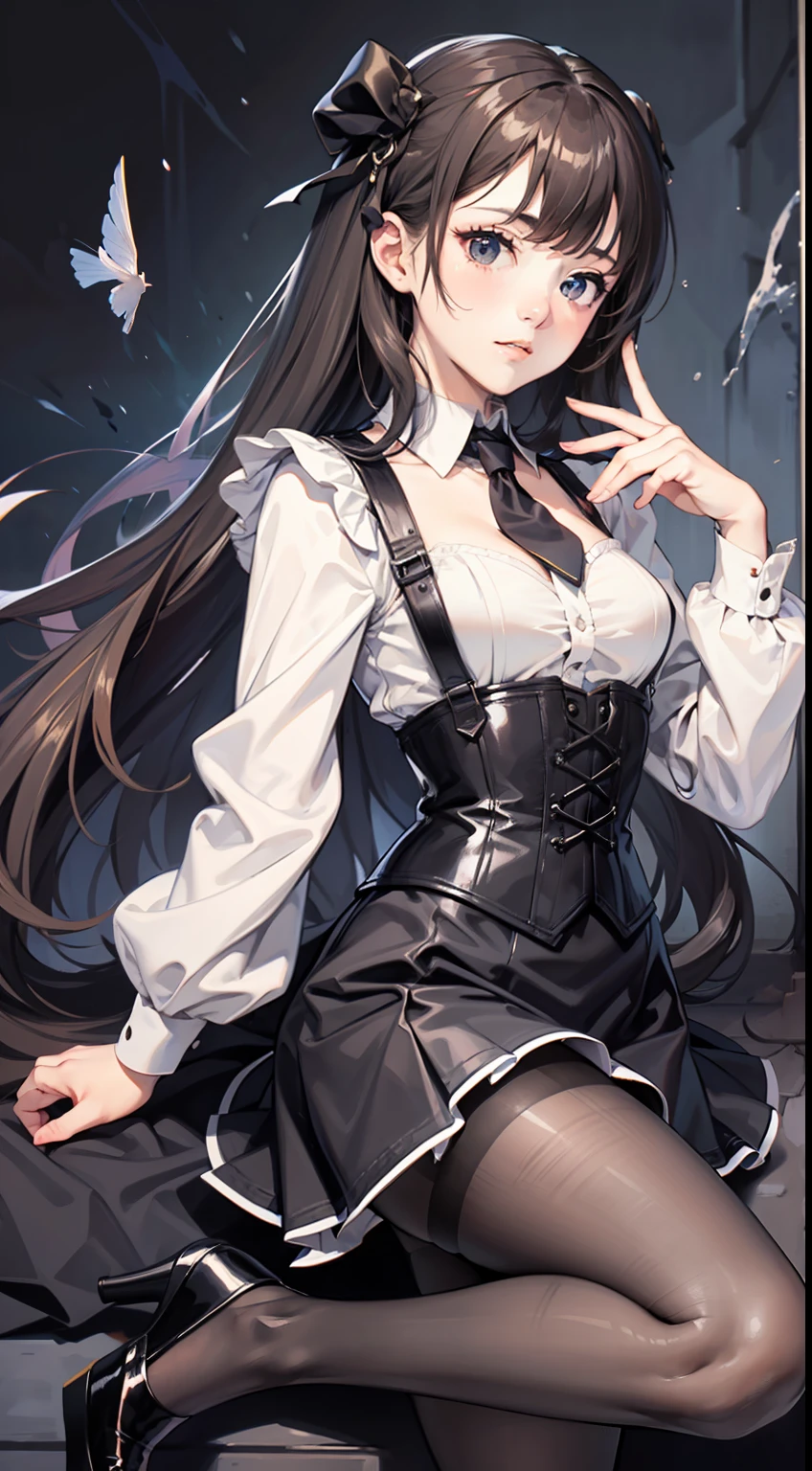 (masterpiece best quality:1.4),Yui,anime,1girl, solo, pale skin, expressionless, (Black Corset Strap cotton Dress:1.1), white Long-Sleeve Layered Collar Plain Shirt + Neck Tie +Suspender A-Line Skirt, black pantyhose, hghheels, The strap is slimming the waist, (dark fantasy:1.2), (last boss:1.25), white horror theme, grandeur, ((marvelous illustration)), (detailed splash),