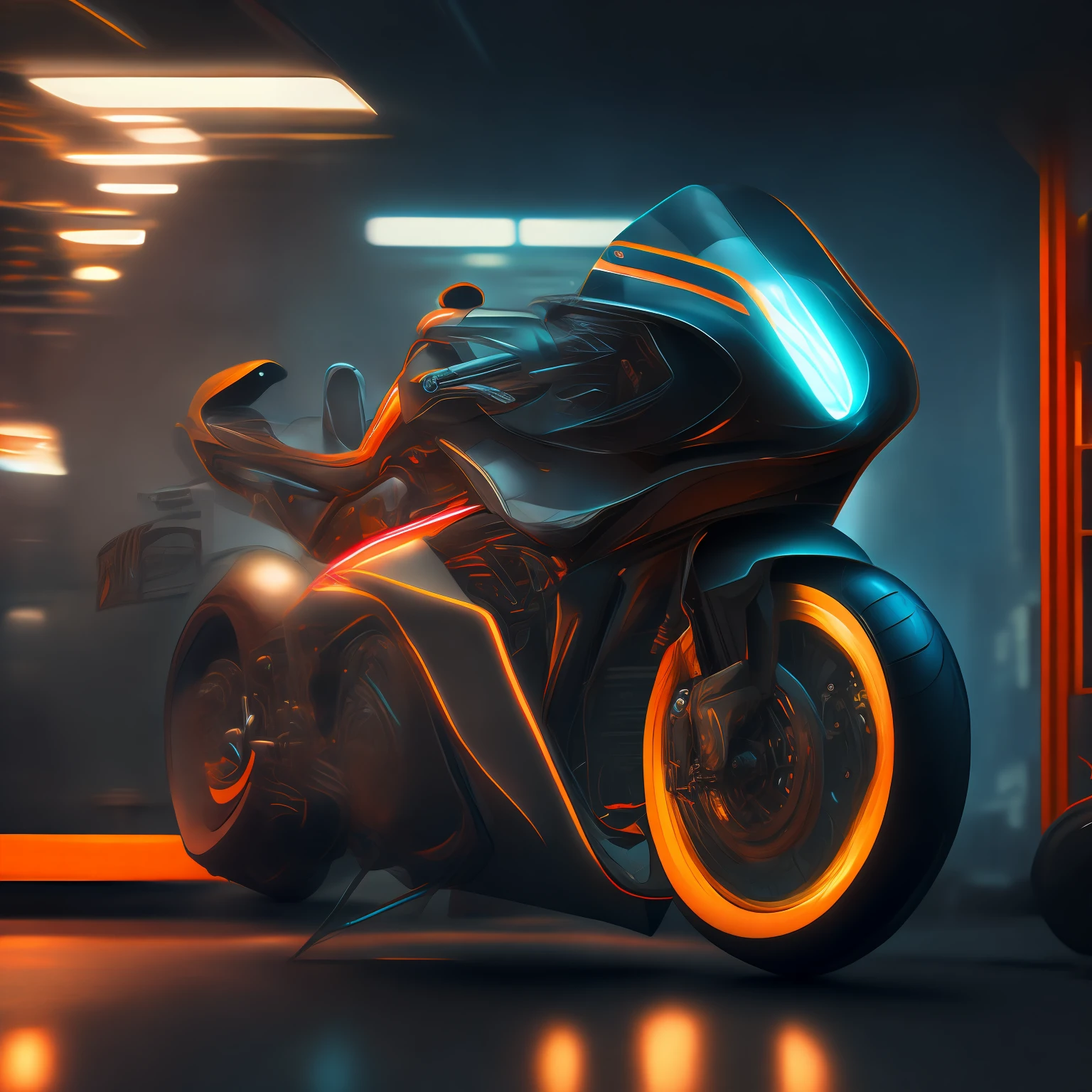 a motorcycle in a shop, futuristic style, well lit, sporty,