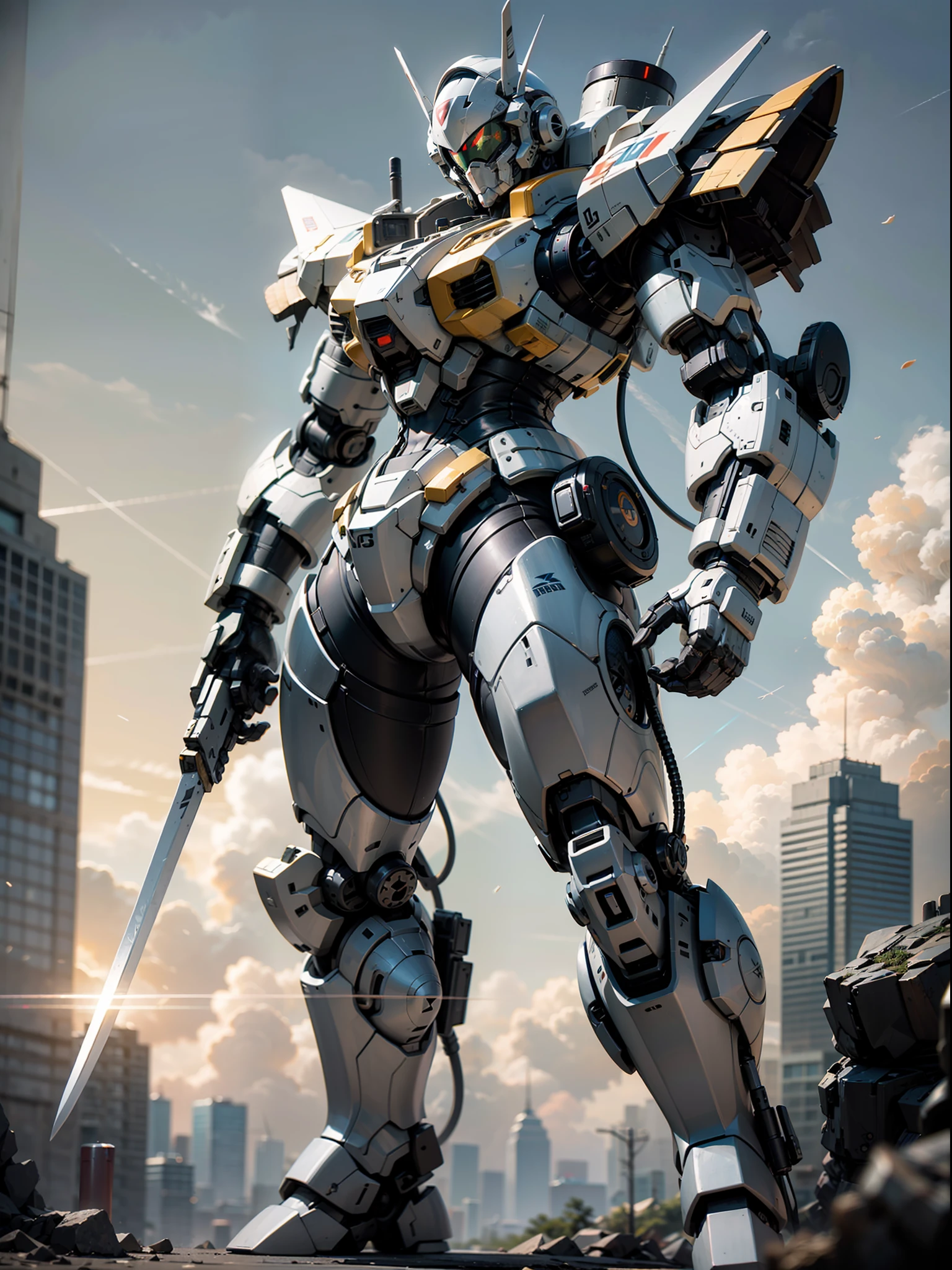 ((Best Quality)), ((Masterpiece)), (Very detailed: 1.3), 8K, cool painting, full of sci-fi, assassin mech with a long sword, streamlined green armor, complex weapons and equipment behind it, Gundam humanoid mech, anime mech aesthetics, perfect body proportions, heads-up view, standing posture, military giant mech, missiles, rocks, futuristic technology, realism, dark clouds in the sky, dark war background, ray tracing, light particles, nvidia Trtx, super resolution, Unreal 5, Subsurface Scattering, Specular and Albedo Maps, Rule of Thirds, Large Aperture, Battle Stance, 8K Raw Data, High Efficiency Subpixels, Subpixel Convolution, Light Particles, Light Scattering, Tyndall Effect, Ray Tracing.
