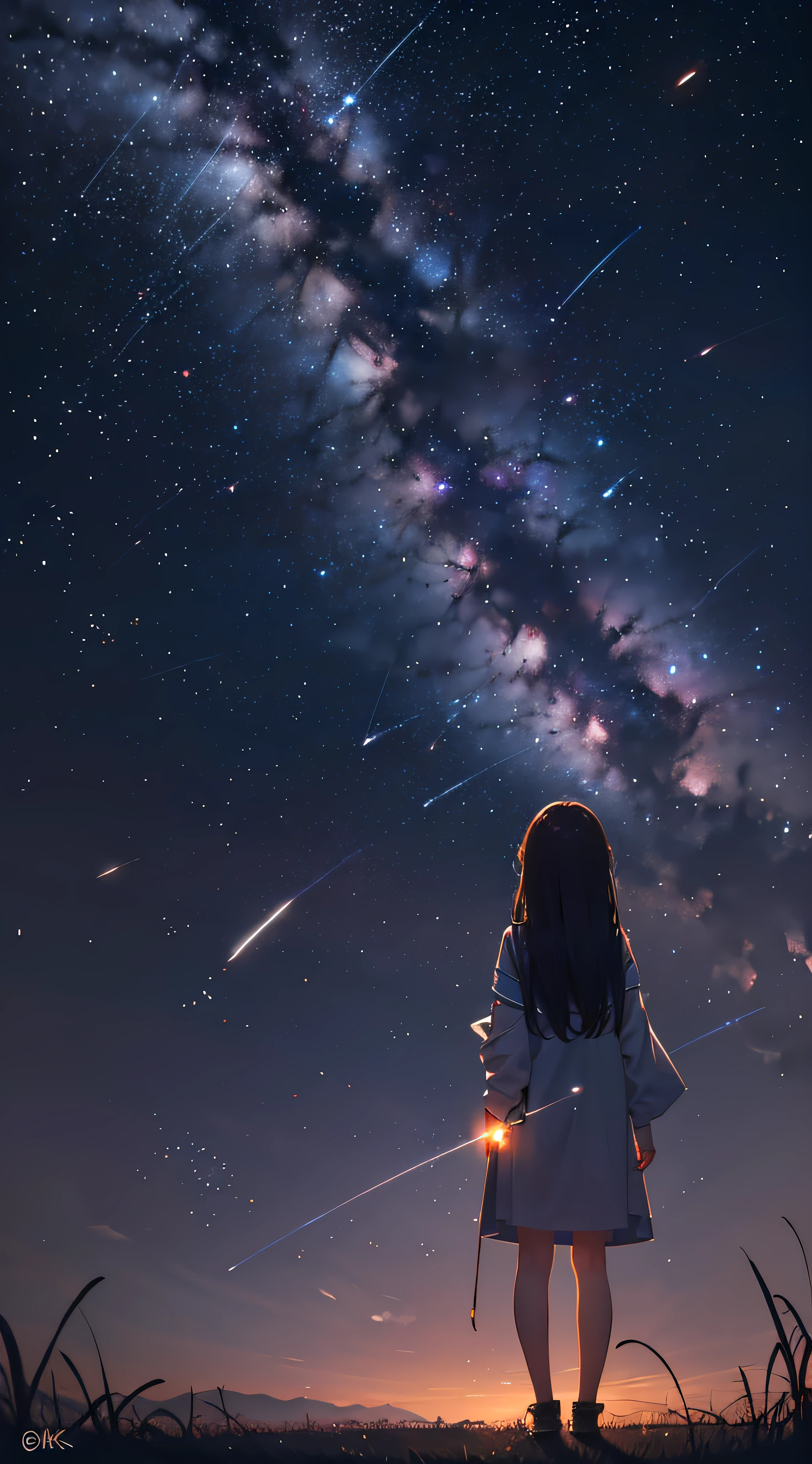 Vast landscape photos, a girl standing on a prairie looking up at the sky, shooting stars, fireflies, dreams, 8K super clear,