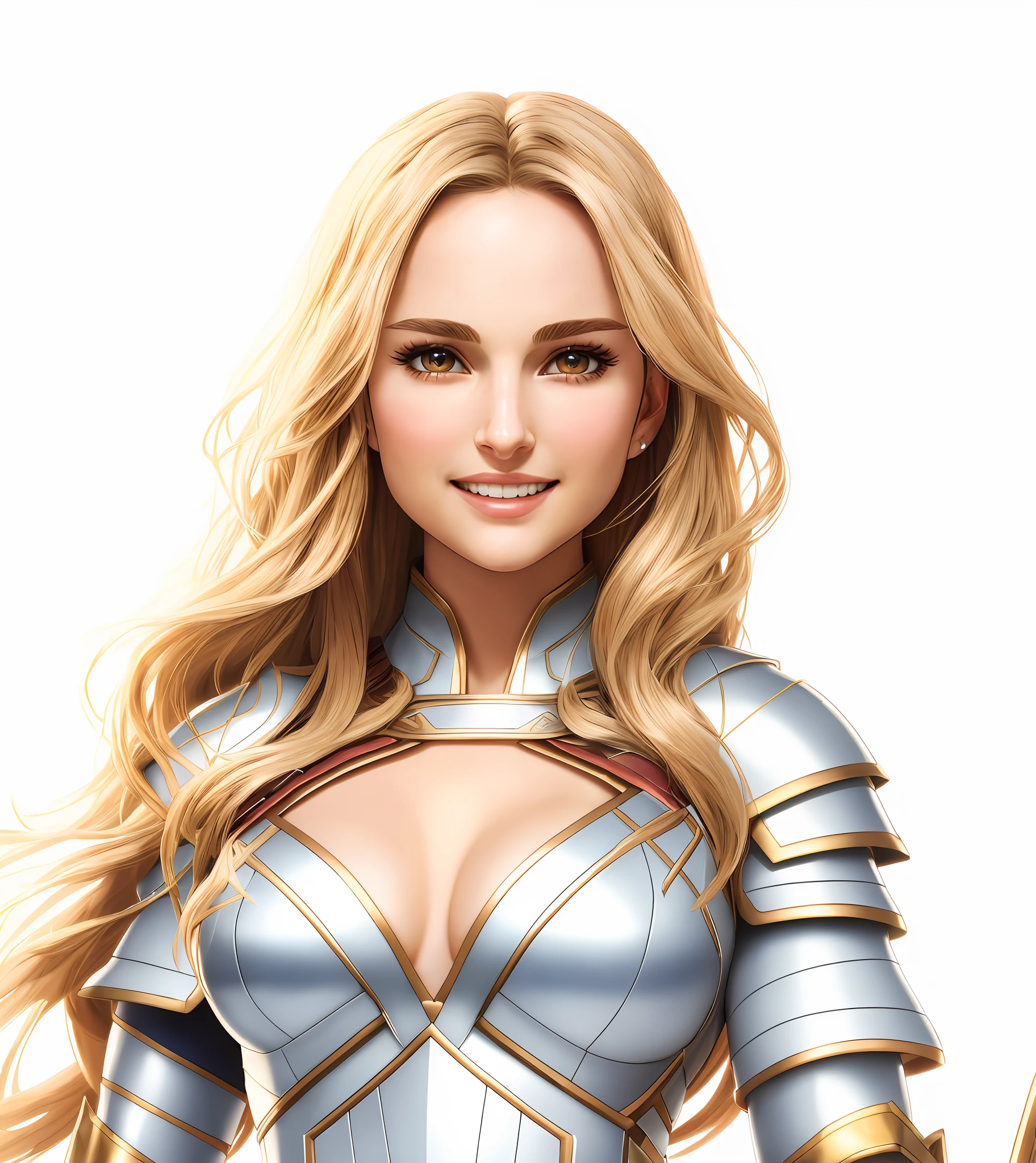 close up photo of a woman,beautiful anime style woman,natalie portman,(((lady thor wears bronze chest armor1)))),front stance,cowboy stance,smiling,happy face,golden hair,looking at camera,full frontal pose, flat color, wide angle, clean detailed face, intracate clothing, analogous colors, glowing shadows, beautiful gradient, depth of field, clean image, high quality, high detail, high definition, Luminous Studio graphics engine, cute face, slim waist, nice hips,