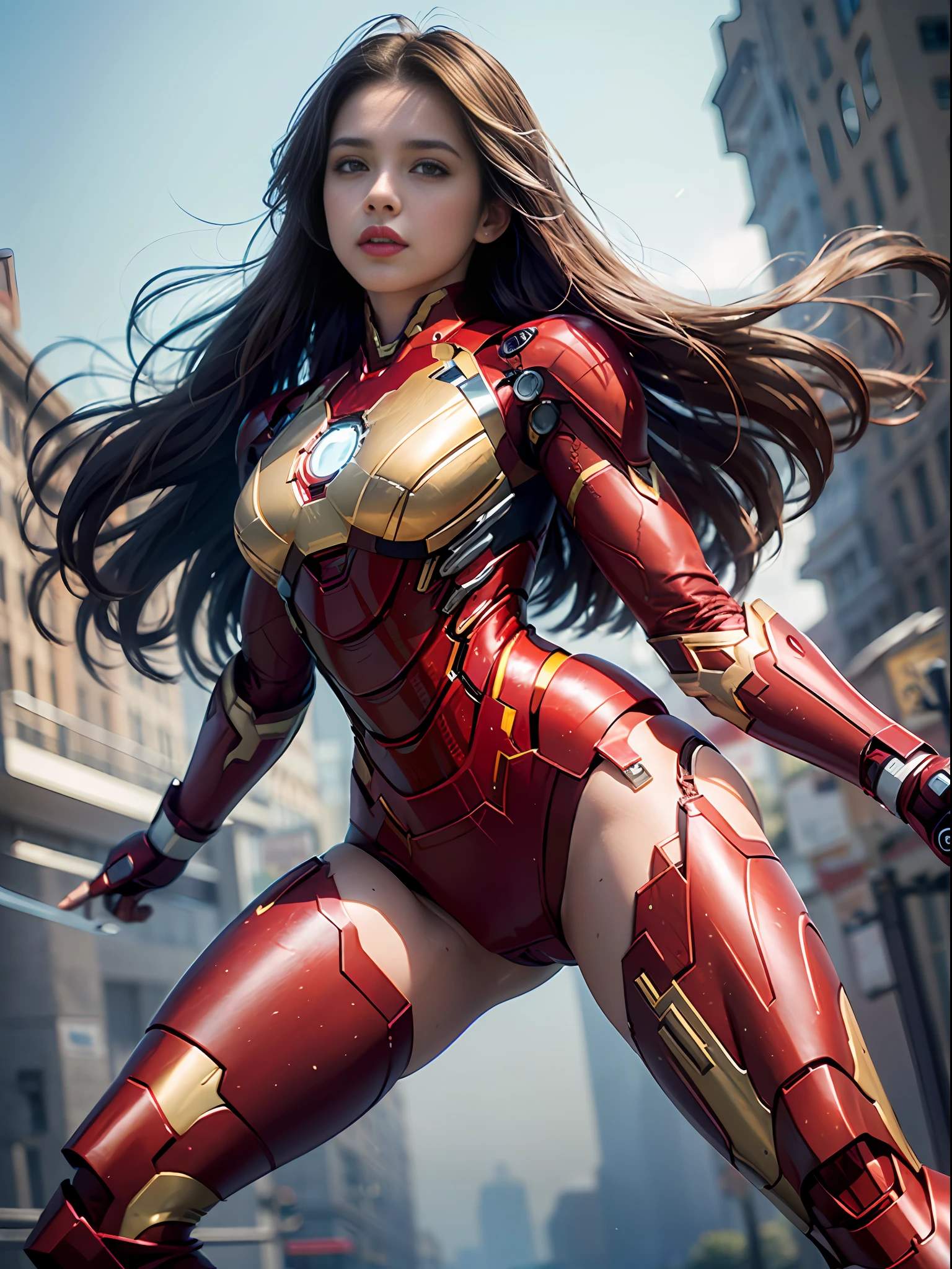 Ultra fine photography,, Best quality, Ultra High Definition, Natural light, Full body portrait, (Amazingly beautiful young Nikkei beauty),(Dark brown semi-long hair in the wind), Dynamic pose, Beautiful egg-shaped face, Brilliant eyes, Front view, ((Iron Man high-leg costume))(without head mask)),Urban street, Detailed face,((Big)),High Detail Skin, Realistic skin details, visible pores, Sharp Focus, 8K UHD, Digital, High Quality, Fair Skin, View from Below,