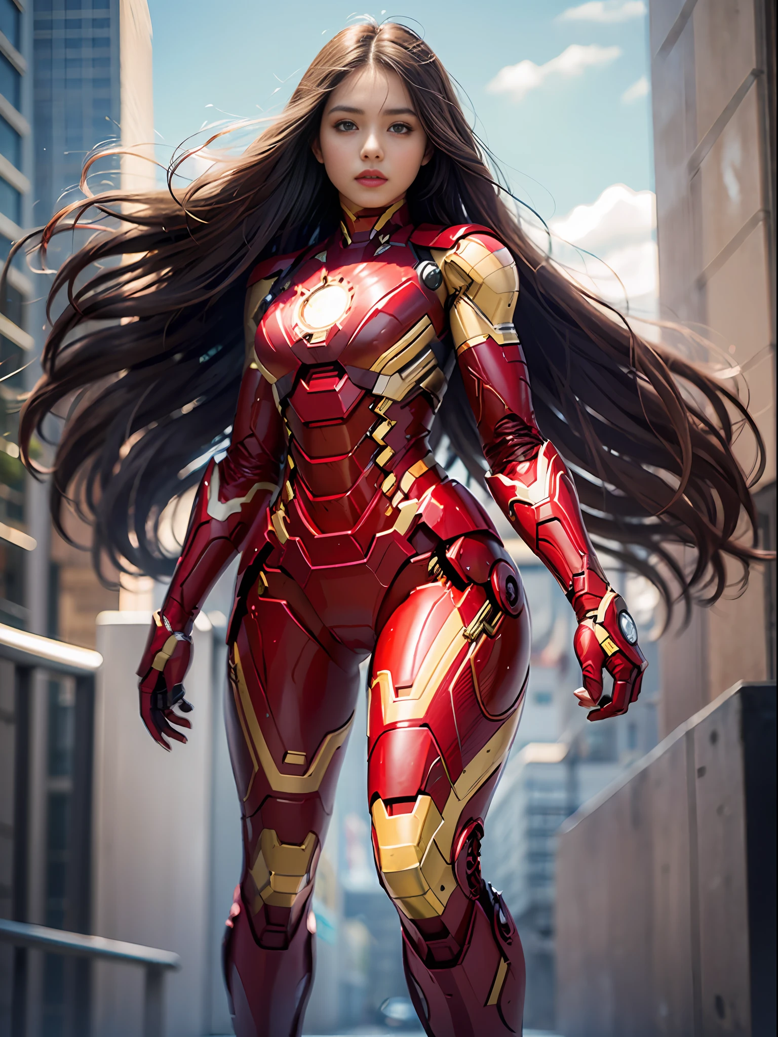 Ultra fine photography,, Best quality, Ultra High Definition, Natural light, Full body portrait, (Amazingly beautiful young Nikkei beauty),(Dark brown semi-long hair in the wind), Dynamic pose, Beautiful egg-shaped face, Brilliant eyes, Front view, ((Iron Man high-leg costume))(without head mask)),Urban street, Detailed face,((Big)),High Detail Skin, Realistic skin details, visible pores, Sharp Focus, 8K UHD, Digital, High Quality, Fair Skin, View from Below,