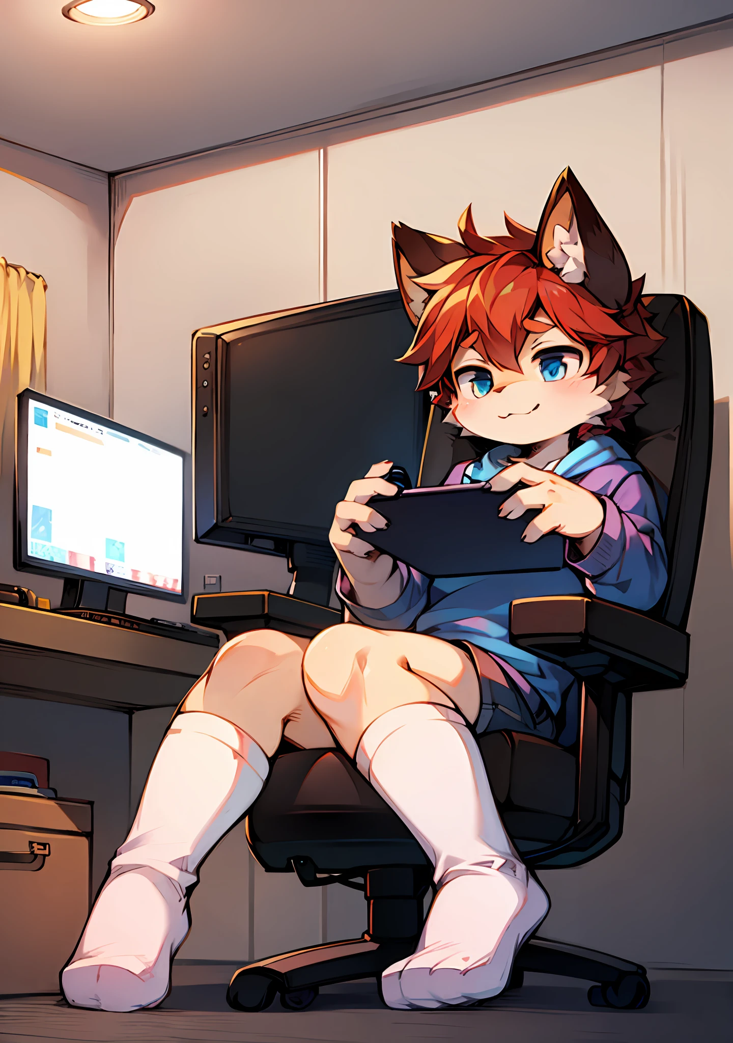 Furry teen male, cute, white socks, inside the room, sitting in a gaming chair playing games
