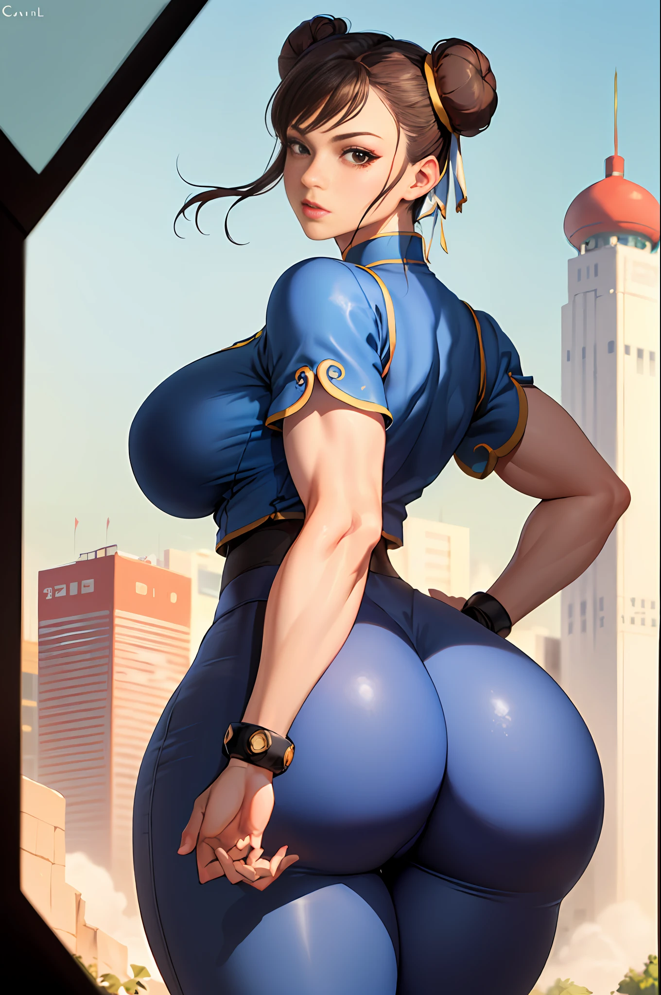 (Best Quality, 8k, 32k,1 Girl, Gigantic Breasts, Thick Thighs, Super Wide Hips, Huge Ass, Perfect Body, Ultra Detailed Face, Brown Hair, Blue Legging Pants, Chun Li, Stuck Hair, Two Buns in Hair.