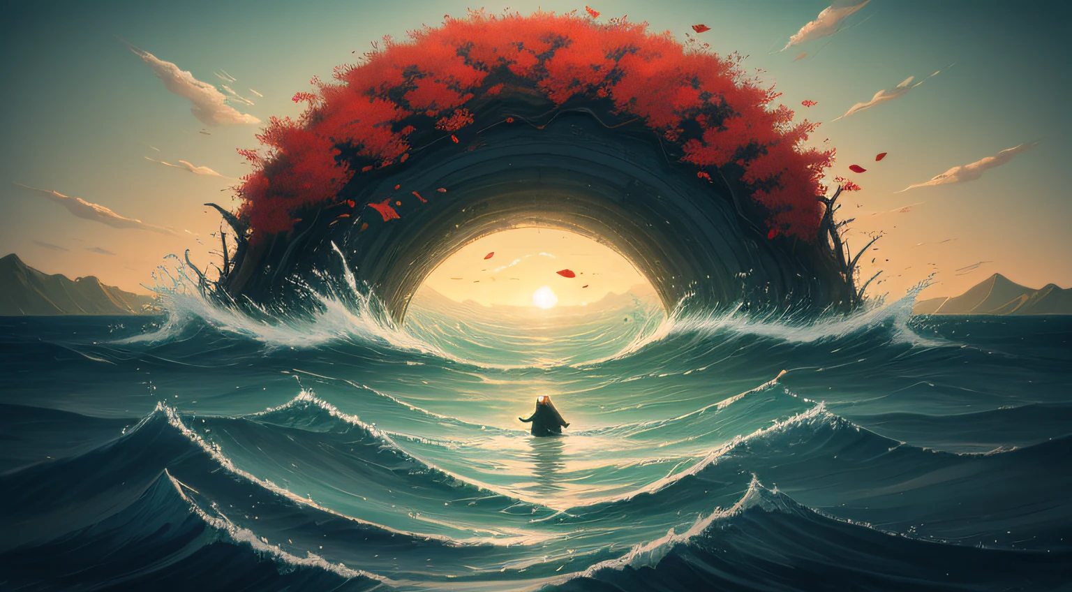 I can't remember the feeling of the beginning
The landscape painting depicted is a devil that deceives angels
Eventually, even the hot heartbeat and lies will end
Counting on my fingers, the last time of freedom
Baring my teeth and howling, just flowing people
The abyss reflected in the water surface
Because it sways and disappears with withered leaves
Because it fades in the waves
Is there a nostalgic memory at the destination led to?
The scars that can boast of time
Blossom vividly and unhealed in red
In the same time, blooming vividly,
abstract landscape,
(best quality:1.3), (highres:1),