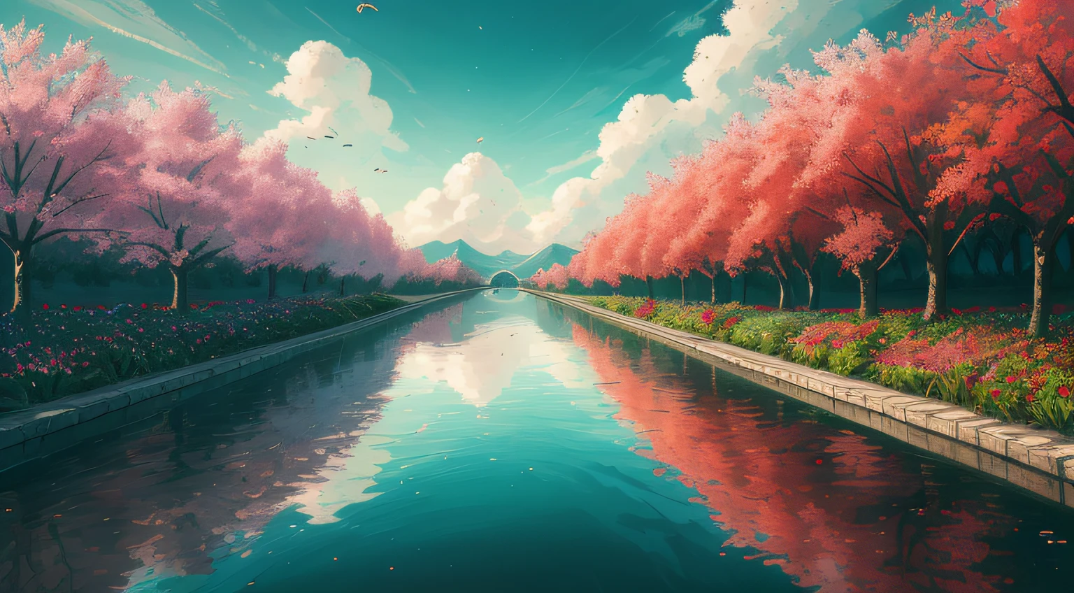 I can't remember the feeling of the beginning
The landscape painting depicted is a devil that deceives angels
Eventually, even the hot heartbeat and lies will end
Counting on my fingers, the last time of freedom
Baring my teeth and howling, just flowing people
The abyss reflected in the water surface
Because it sways and disappears with withered leaves
Because it fades in the waves
Is there a nostalgic memory at the destination led to?
The scars that can boast of time
Blossom vividly and unhealed in red
In the same time, blooming vividly, 
abstract landscape,
(best quality:1.3), (highres:1),
