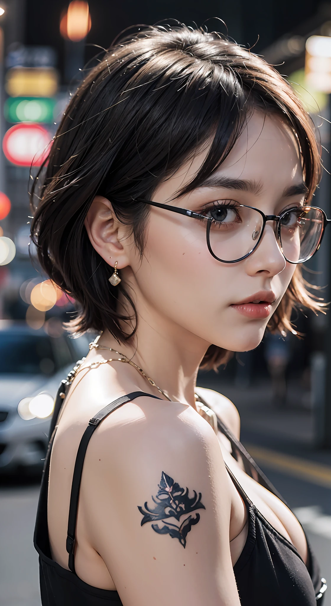 Highres, masterpiece, highly quality, highly detailed, realistic, ultra realistic detail, photorealistic, potrait, 4k wallpaper, 1girl, (solo), very beautiful teenage girl, sexy body, short hair, multi color hair style, glasses, tank top, hot pants, tattoed neck, tattoed hand, watch, bracelet, necklace, ring, earrings, Japanese Night background, car, pedestrian, street lamp, street lamp light, eye detail, exquisite nose detail, realistic face, realistic eyes, cold expression, cool face