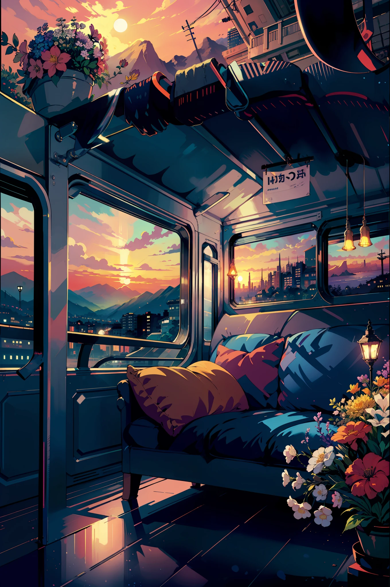 masterpiece, high quality, train, train compartment, exquisite interior, window view, bridge, sea, mountains, sunset, city, neon light, night, bed, sofa, pillows, sconces, flowers