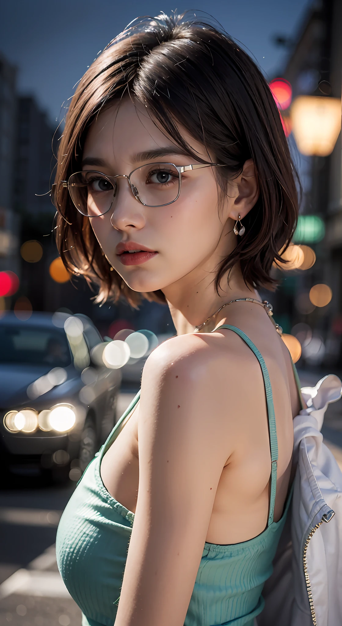 Highres, masterpiece, highly quality, highly detailed, realistic, ultra realistic detail, photorealistic, potrait, 4k wallpaper, 1girl, (solo), very beautiful age girl, sexy body, short hair, multi color hair style, glasses, tank top, hot pants, tattoed neck, tattoed hand, watch, bracelet, necklace, ring, earrings, Japanese Night background, car, pedestrian, street lamp, street lamp light, eye detail, exquisite nose detail, realistic face, realistic eyes, cold expression, cool face