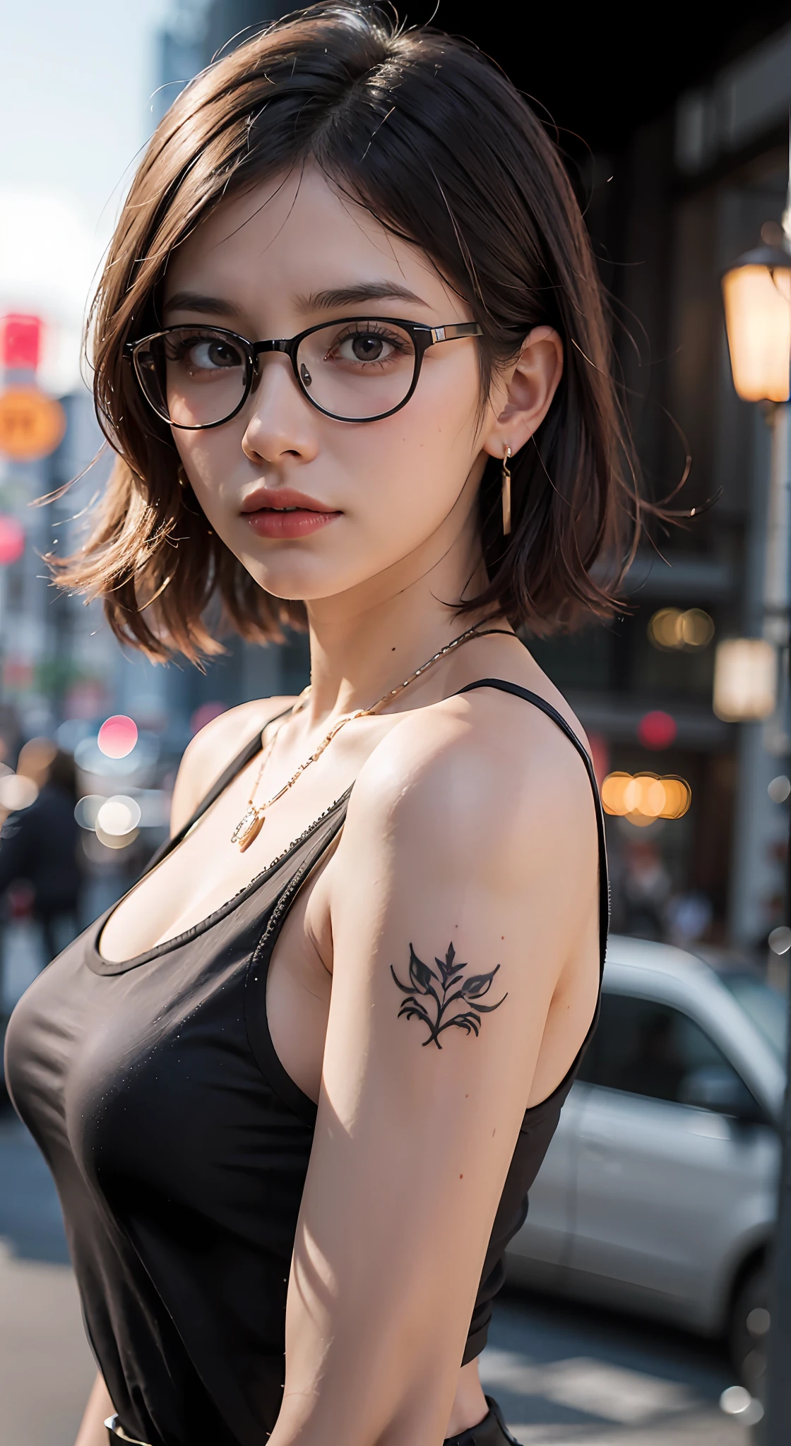 Highres, masterpiece, highly quality, highly detailed, realistic, ultra realistic detail, photorealistic, potrait, 4k wallpaper, 1girl, (solo), very beautiful teenage girl, sexy body, short hair, multi color hair style, glasses, tank top, hot pants, tattoed neck, tattoed hand, watch, bracelet, necklace, ring, earrings, Japanese Night background, car, pedestrian, street lamp, street lamp light, eye detail, exquisite nose detail, realistic face, realistic eyes, cold expression, cool face