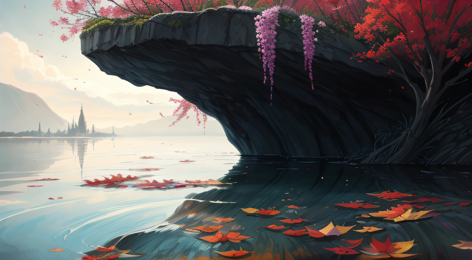 I can't remember the feeling of the beginning
The landscape painting depicted is a devil that deceives angels
Eventually, even the hot heartbeat and lies will end
Counting on my fingers, the last time of freedom
Baring my teeth and howling, just flowing people
The abyss reflected in the water surface
Because it sways and disappears with withered leaves
Because it fades in the waves
Is there a nostalgic memory at the destination led to?
The scars that can boast of time
Blossom vividly and unhealed in red
In the same time, blooming vividly,
abstract landscape,
(best quality:1.3), (highres:1),