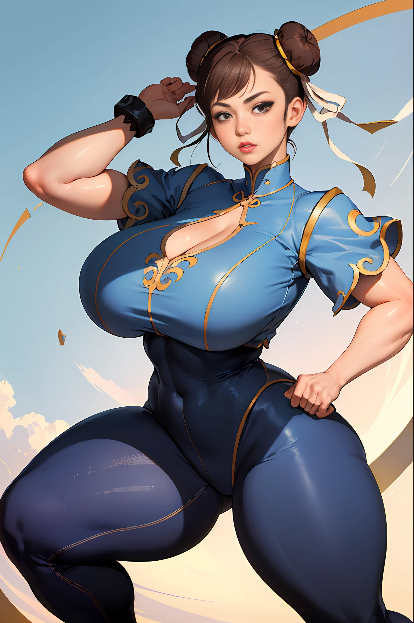 (Best Quality, 8k, 32k,1 Girl, Gigantic Breasts, Thick Thighs, Super Wide Hips, Huge Ass, Perfect Body, Ultra Detailed Face, Brown Hair, Blue Legging Pants, Chun Li, Stuck Hair, Two Buns in Hair.