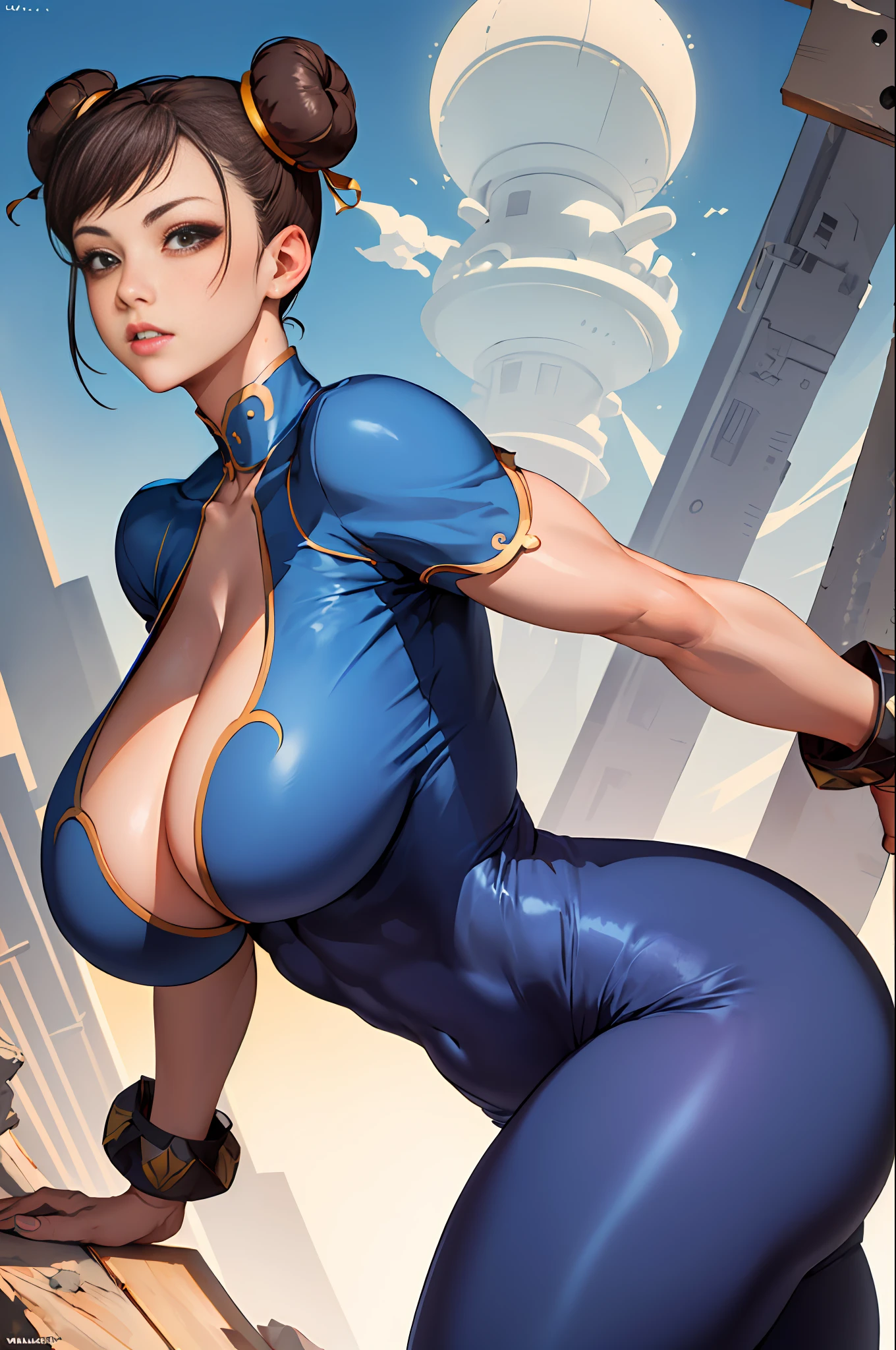 (Best Quality, 8k, 32k,1 Girl, Gigantic Breasts, Thick Thighs, Super Wide Hips, Huge Ass, Perfect Body, Ultra Detailed Face, Brown Hair, Blue Legging Pants, Chun Li, Stuck Hair, Two Buns in Hair.