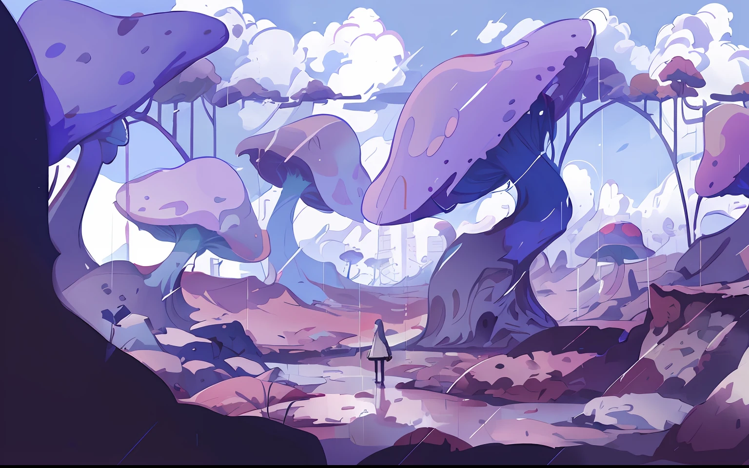There is a girl standing in the rain looking up at a big mushroom, anime scenery, anime landscape concept art, random background scenes, anime background art, very coherent stylized artwork, fantastic psychedelic feeling, background art, surreal dream landscape, anime background, concept art scene, anime scene, good looking composition, Loepfe art style, huge landscape