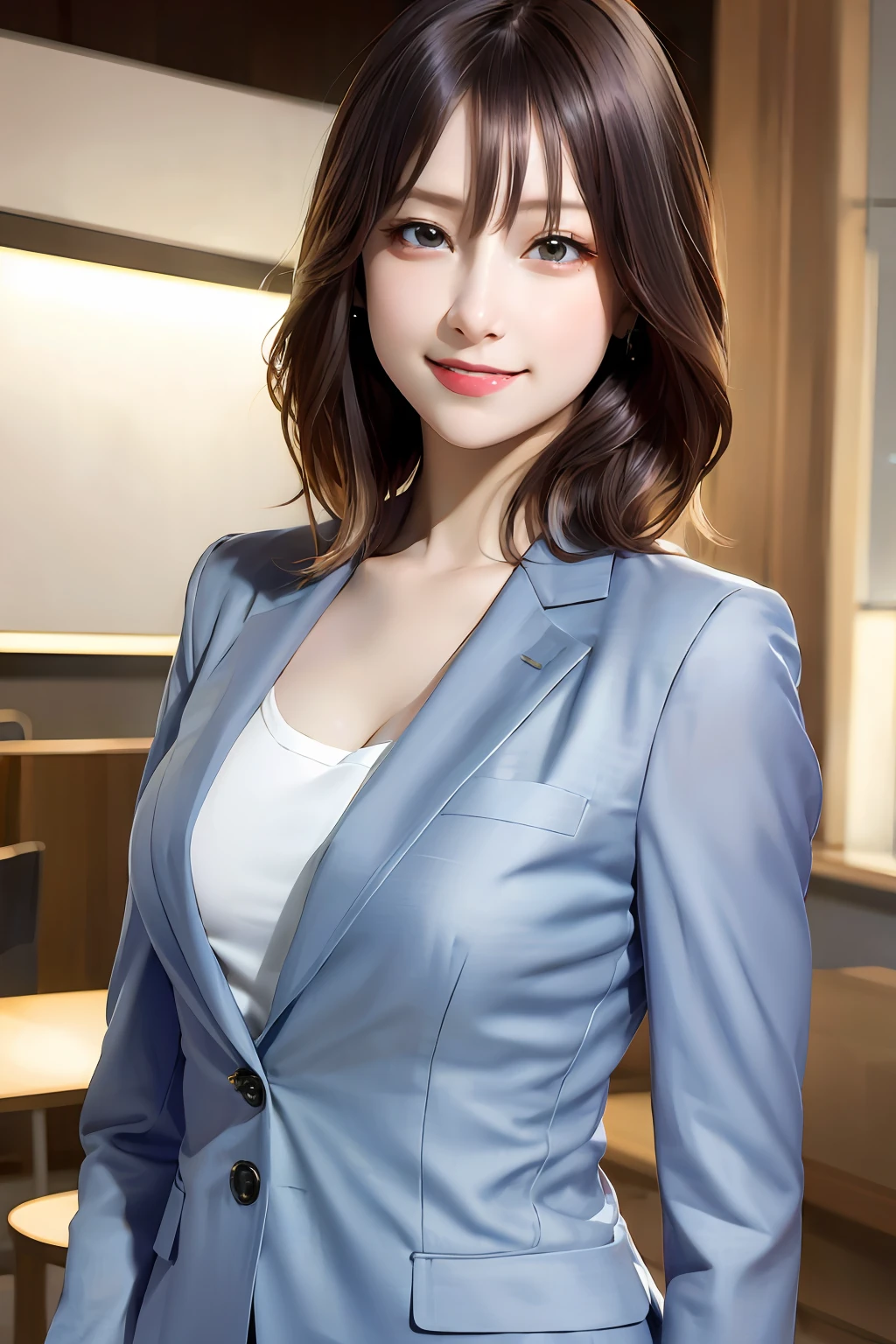 (8k, RAW photo, super high resolution, best quality, masterpiece: 1.2), (realistic illustration), (extremely detailed CG Unity 8k wallpaper), ridiculous, 1 girl, 21 years old, beautiful face, medium breasts, black medium hair, smile, tilted head, smile, upper body, slim pants, gray custom jacket, office, upper body, Nogizaka アイドル, actress, Korean country アイドル