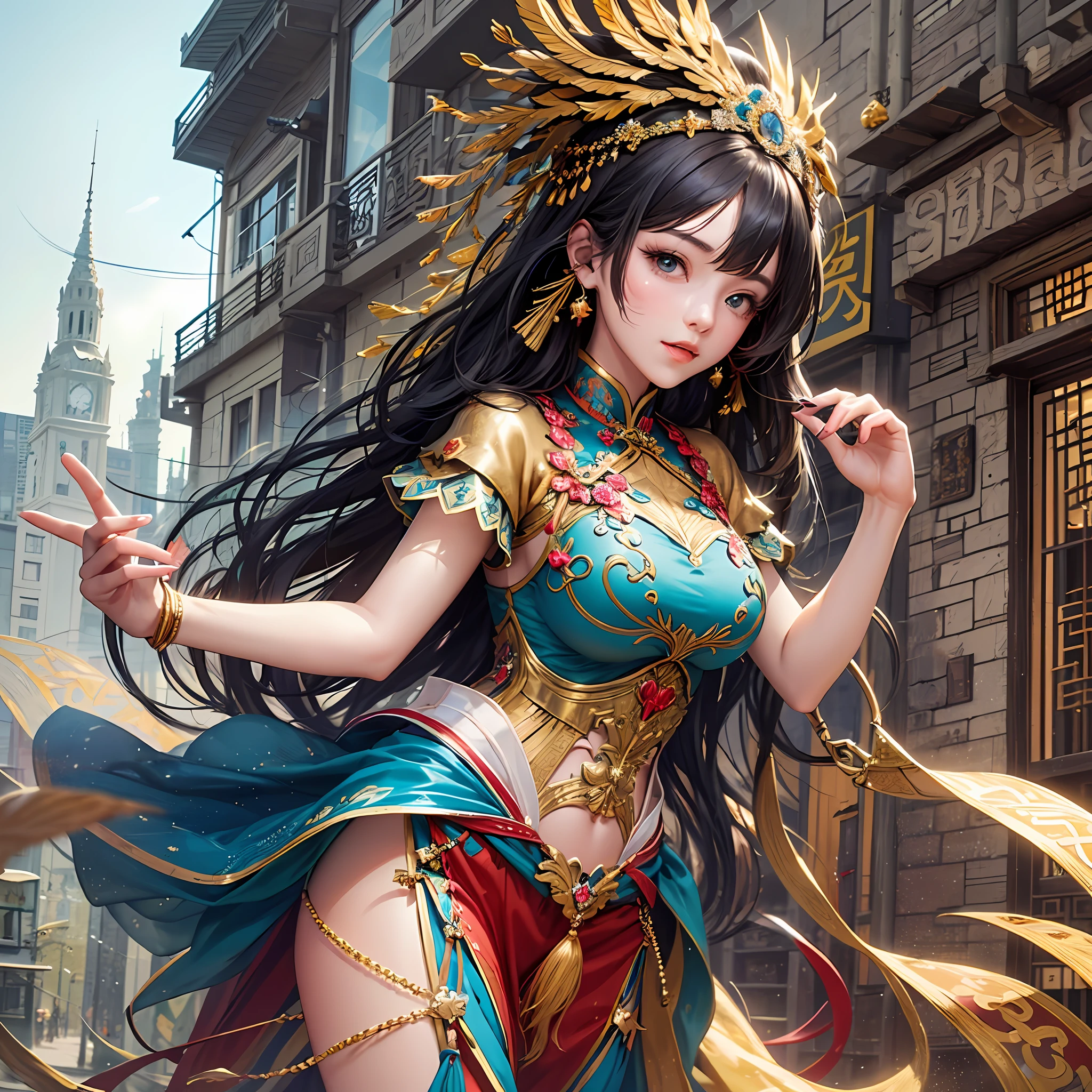 Cute girl, dreaming of becoming a princess, jumping happily and enjoying herself in Diniland. She has long hair and wears a gorgeous Chinese costume with soft and smooth satin material. Chinese elements are pervasive, and ribbons dance with her. She walks through the busy streets and enjoys sunny days. Every detail of the whole body is perfect, especially the hand details. The surroundings are full of three-dimensional artistic sense.