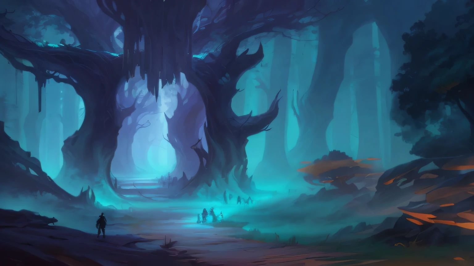 there is a painting of a forest with a man walking through it, concept art of a dark forest, painted as a game concept art, environment concept art, environment and concept art, painterly concept art, stylized concept art, digital painting concept art, concept art for a video game, environmental concept art, concept art scene, dota 2 concept art