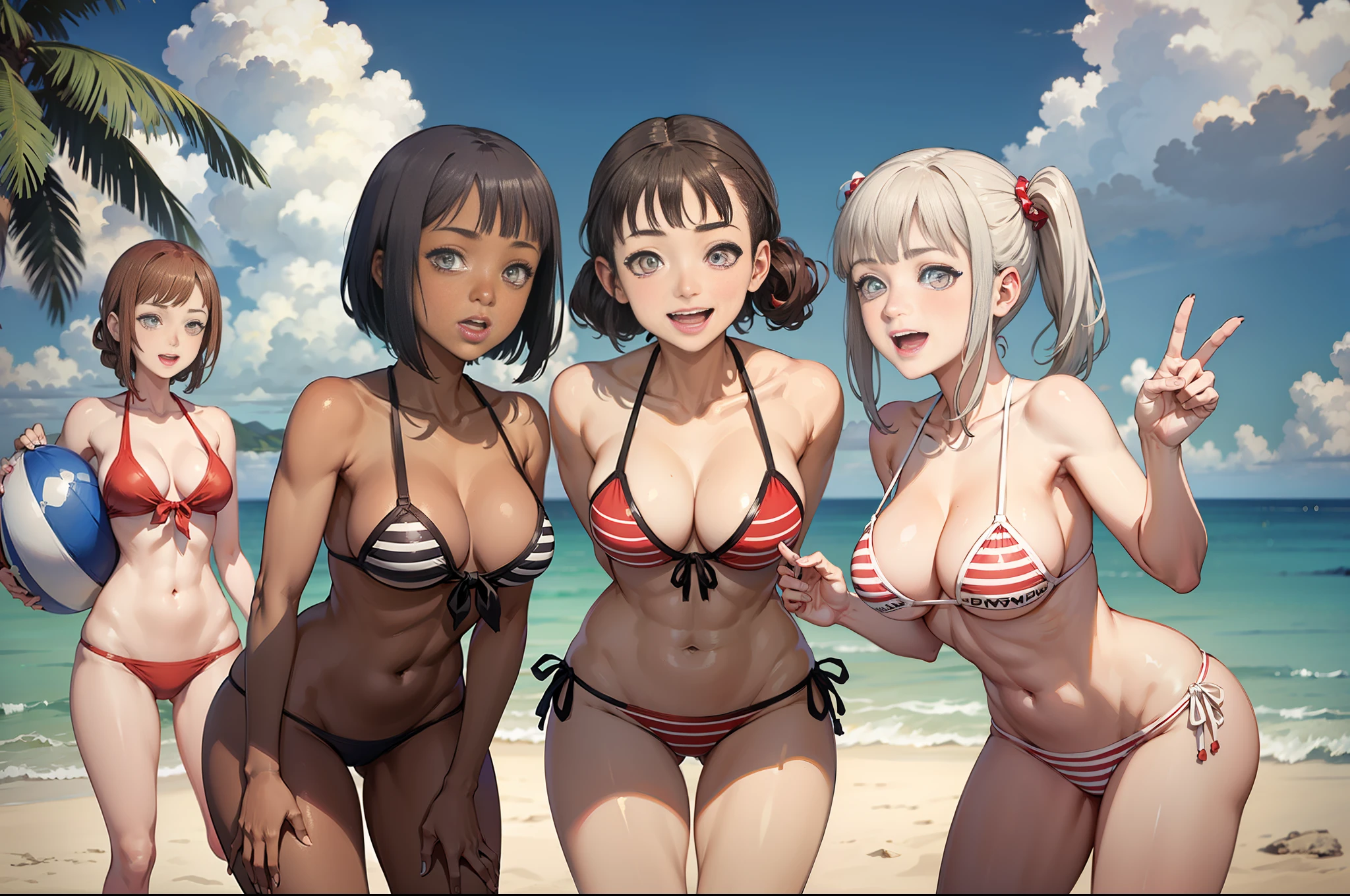 (masterpiece), maximum quality, (colored: 1.1), (5 girls, group shot: 1.4), (slim body: 1.1), (huge: 1.5), (dark skin: 1.1), (muscles: 1.1), blonde hair, silver hair, twin tails, (leaning forward: 1.4), (open mouth, happy smile: 1.1), (winc: 1.4), peace sign, (bikini stars and stripes, microbikini: 1.1), cowboy shot, (beach: 1.1)