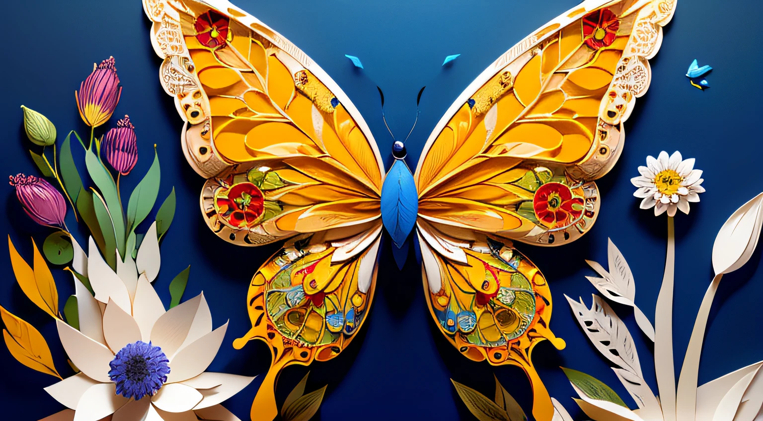 realistic, (best quality, masterpiece:1.3),illustration,big butterfly in the center , floating in dalias, cloudy sky, paper_cut, pattern