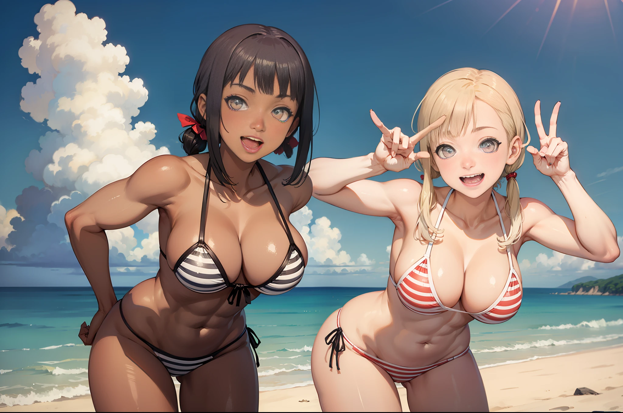 (masterpiece), maximum quality, (colored: 1.1), (5 girls, group shot: 1.4), (slim body: 1.1), (huge: 1.5), (dark skin: 1.1), (muscles: 1.1), blonde hair, silver hair, twin tails, (leaning forward: 1.4), (open mouth, happy smile: 1.1), (winc: 1.4), peace sign, (bikini stars and stripes, microbikini: 1.1), cowboy shot, (beach: 1.1)