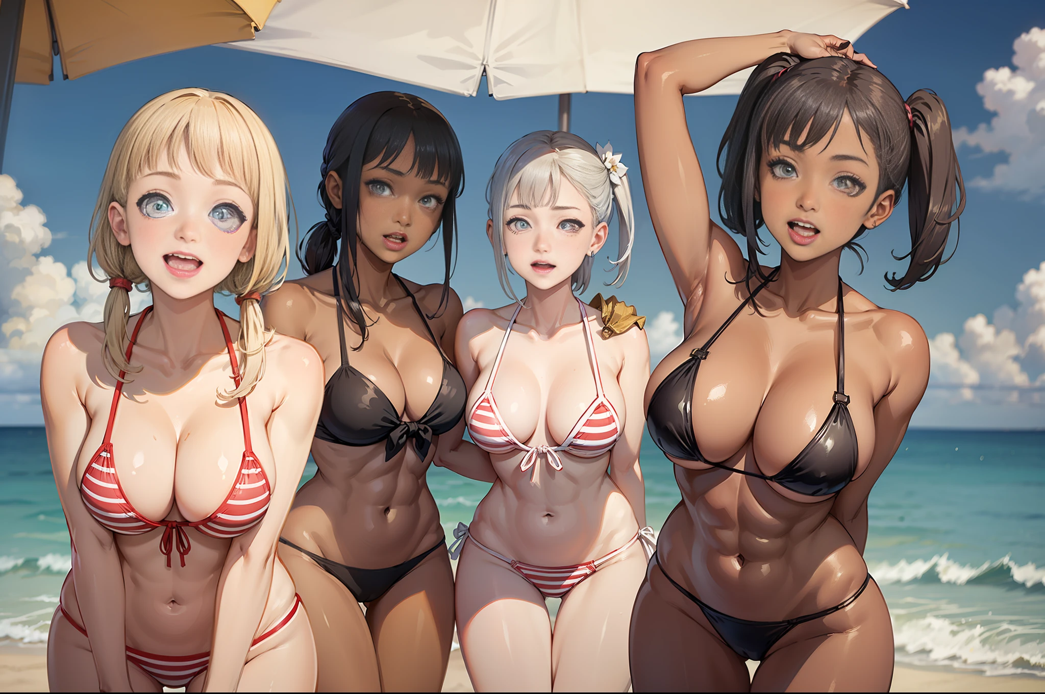 (masterpiece), maximum quality, (colored: 1.1), (5 girls, group shot: 1.4), (slim body: 1.1), (huge: 1.5), (dark skin: 1.1), (muscles: 1.1), blonde hair, silver hair, twin tails, (leaning forward: 1.4), (open mouth, happy smile: 1.1), (winc: 1.4), peace sign, (bikini stars and stripes, microbikini: 1.1), cowboy shot, (beach: 1.1)