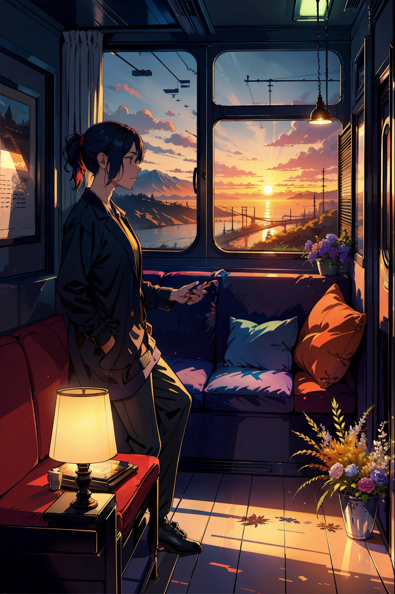 masterpiece, high quality, train, train compartment, exquisite interior, window view, bridge, sea, mountains, sunset, city, neon light, night, bed, sofa, pillows, sconces, flowers, hemp, smoking marijuana