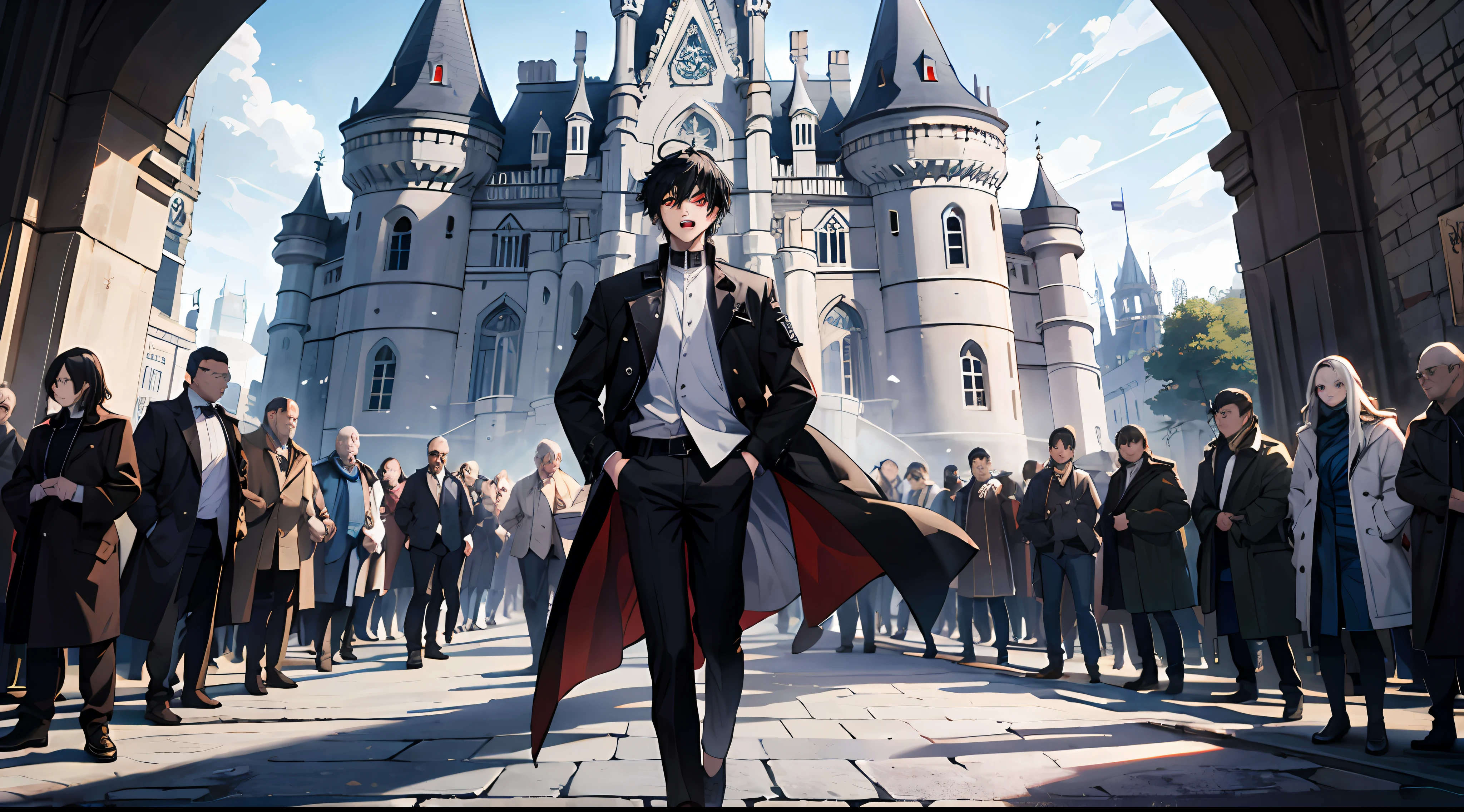 (Ridiculous, High Resolution), (Panorama), Boy, Red Eyes, Short Hair, Black Hair, White Clothes, Black Pants, Black Trench Coat, Open Mouth Come On, Extreme Detail, Full Body, Western-style Town, Castle, Crowd