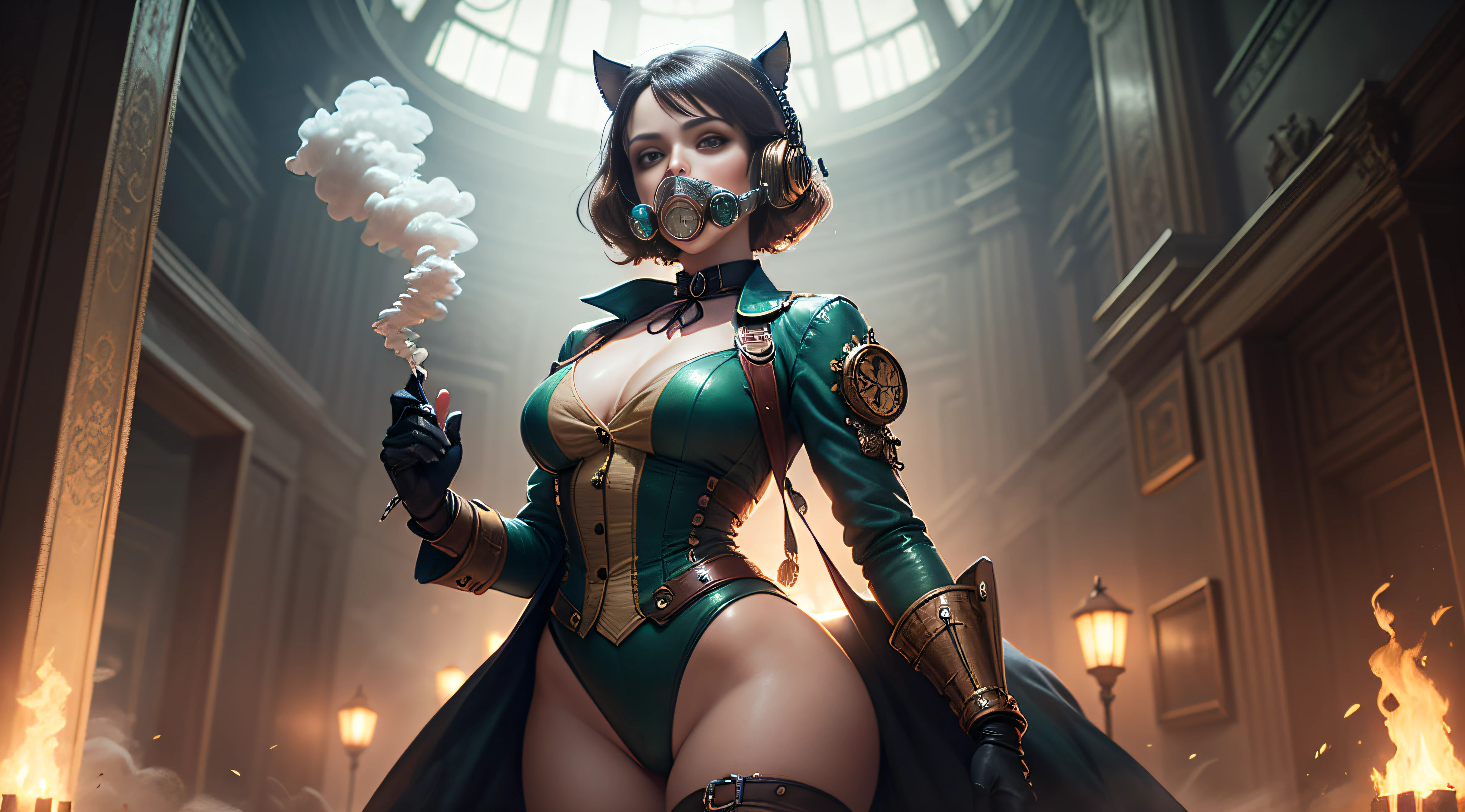 Masterpiece, Best Quality, One Woman, Symbolism, Visual Arts, Occult, Universal, Vision Casting, Philosophy, Iconography, Numerology, Popularity, Arts, (cameo), Big Thighs, Green Smoke, Gas Mask, Tarot Card, Magic, (Smoke), Perfect Body, Strong Shadows, Masterpiece, Detailed, 8k, Detailed, There's a Woman in a Gas Mask and Green Dress, Artgerm Julie Bell Beeple, Digital Art Steampunk, steam-punk illustration, high quality steampunk art, steampunk fantasy style, steampunk digital art, steampunk concept art, steampunk art, steampunk illustration, magic and steam - punk inspired, detailed steampunk illustration, beautiful steampunk anime woman, steampunk bioshock steampunk portrait --auto